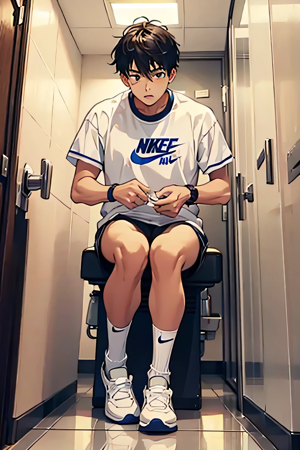Libido boy,Justin Bieber swimmer, (((big bulge, muscular, bulgeJ8)))),Reclining,first person perspective,spread legs,dark atmosphere,8K,Cinematic lighting effects,textured skin,best quality,Narrative images,Narrative images,dynamic blur,action pose,Height angle of view,Physical education student,panties cover huge penis, big fat dick covered with fabric ,Classroom,brown skin,abs,full body, Bare legs,White short socks,sitting,Undress