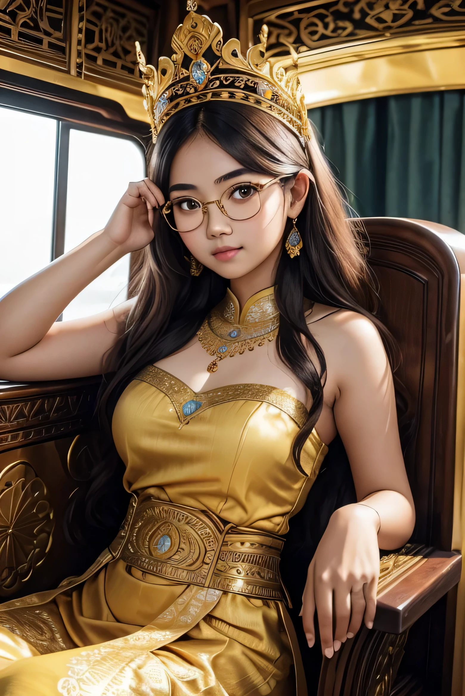 Detailed face of half body photo. 20 year old Indonesian girl with a sweet chubby face, big round face and long brown wavy hair, round glasses, wearing a gold Balinese kebaya style queen dress with a small gold crown, sleeveless strapless with a long skirt and batik carvings on the fabric, while sitting on a royal carriage that she raised both hand on top her head with white and clear armpits exposed
