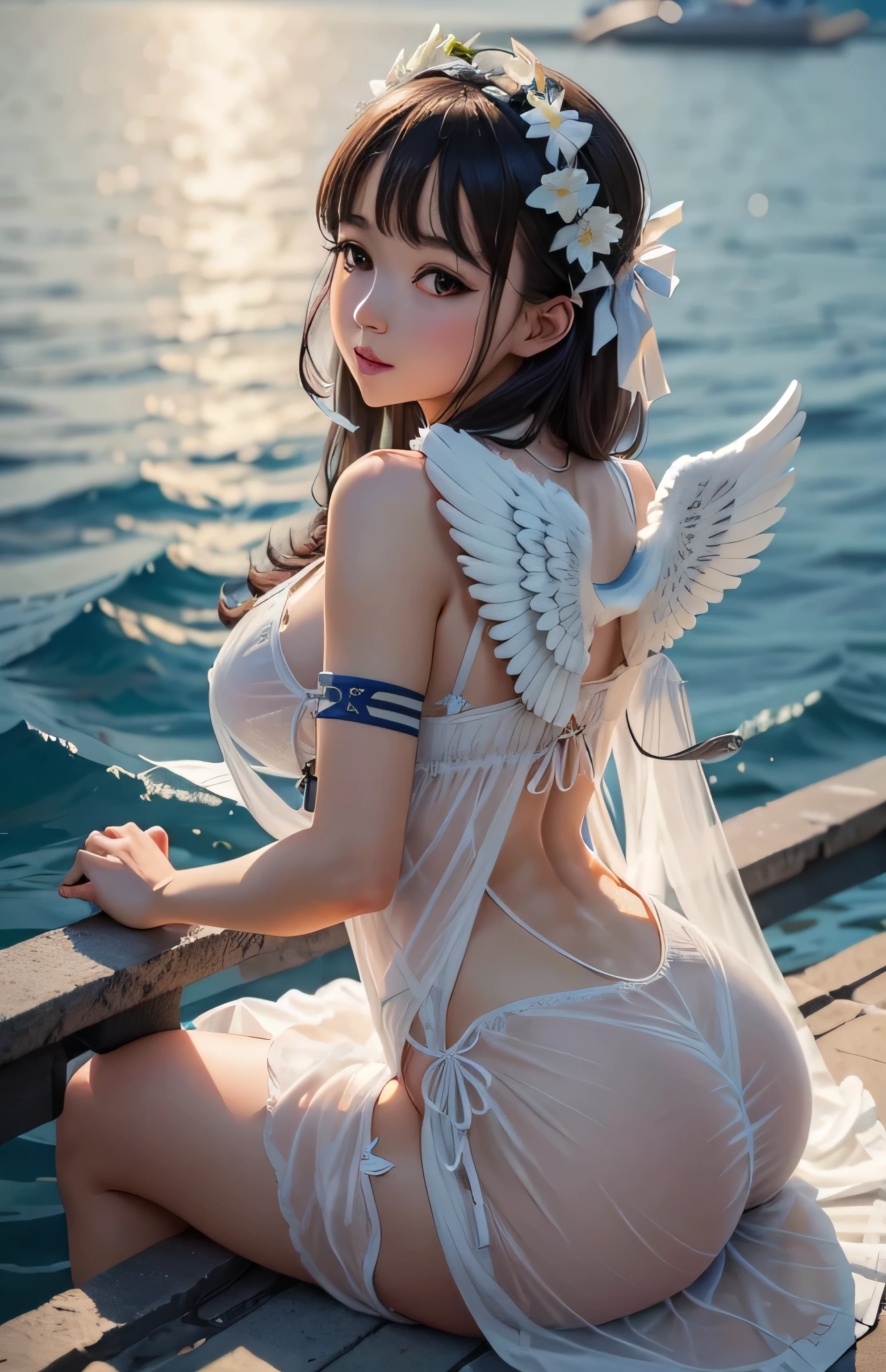 Greek warships、She has the white wings of an angel on her back、white see-through dress