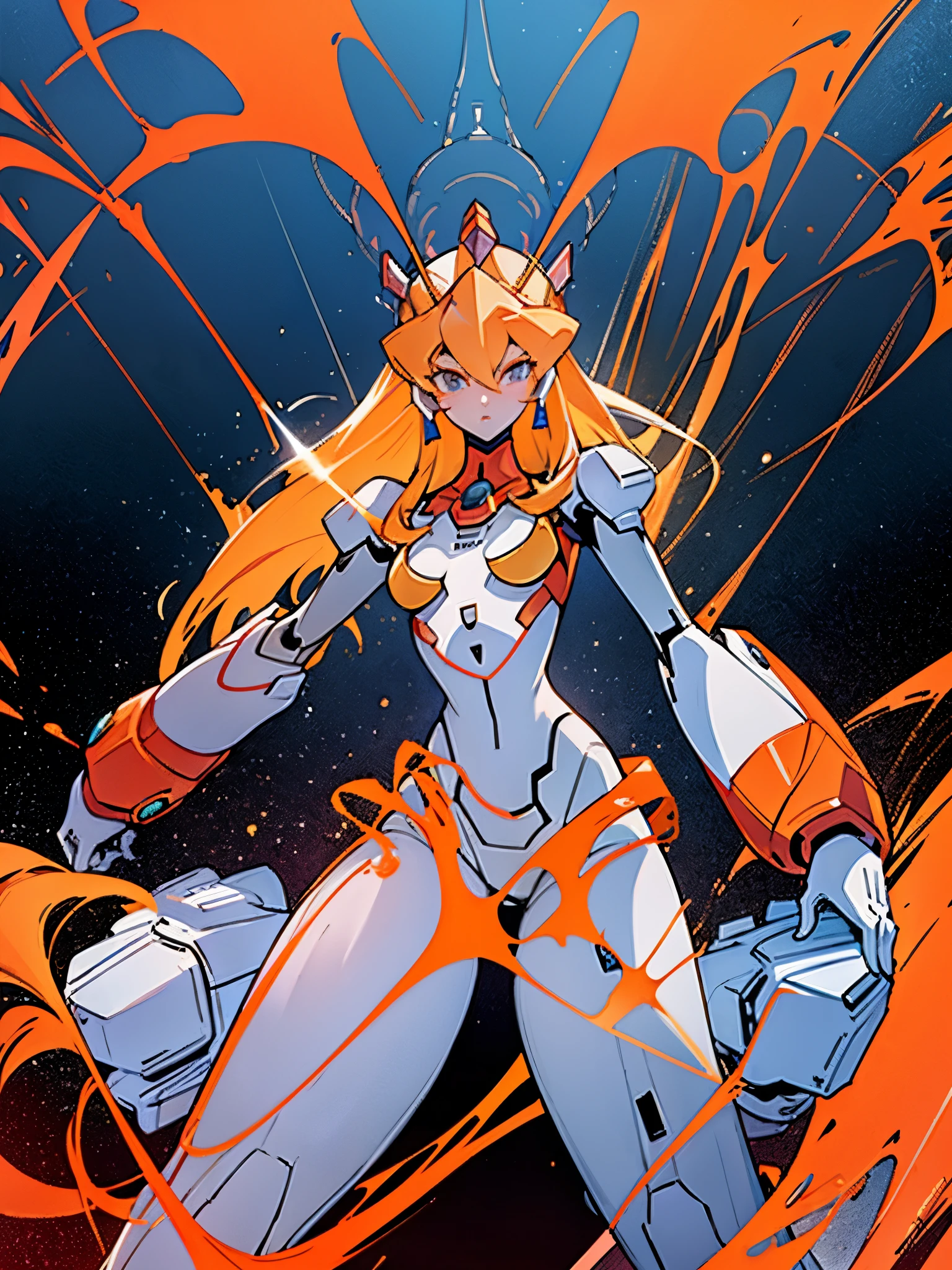 （masterpiece，top quality，best quality，official art，Beauty and Aesthetics：1.2），（1 girl），warrior queen armor，gemstone crown，White mech girl， Dear Franks ,High，Beautiful Warframe Fan Art,， Biomechanics OPPEIN,giant humanoid，strelizia,space suit，Female Mega Man，Galaxy Style，Asuka