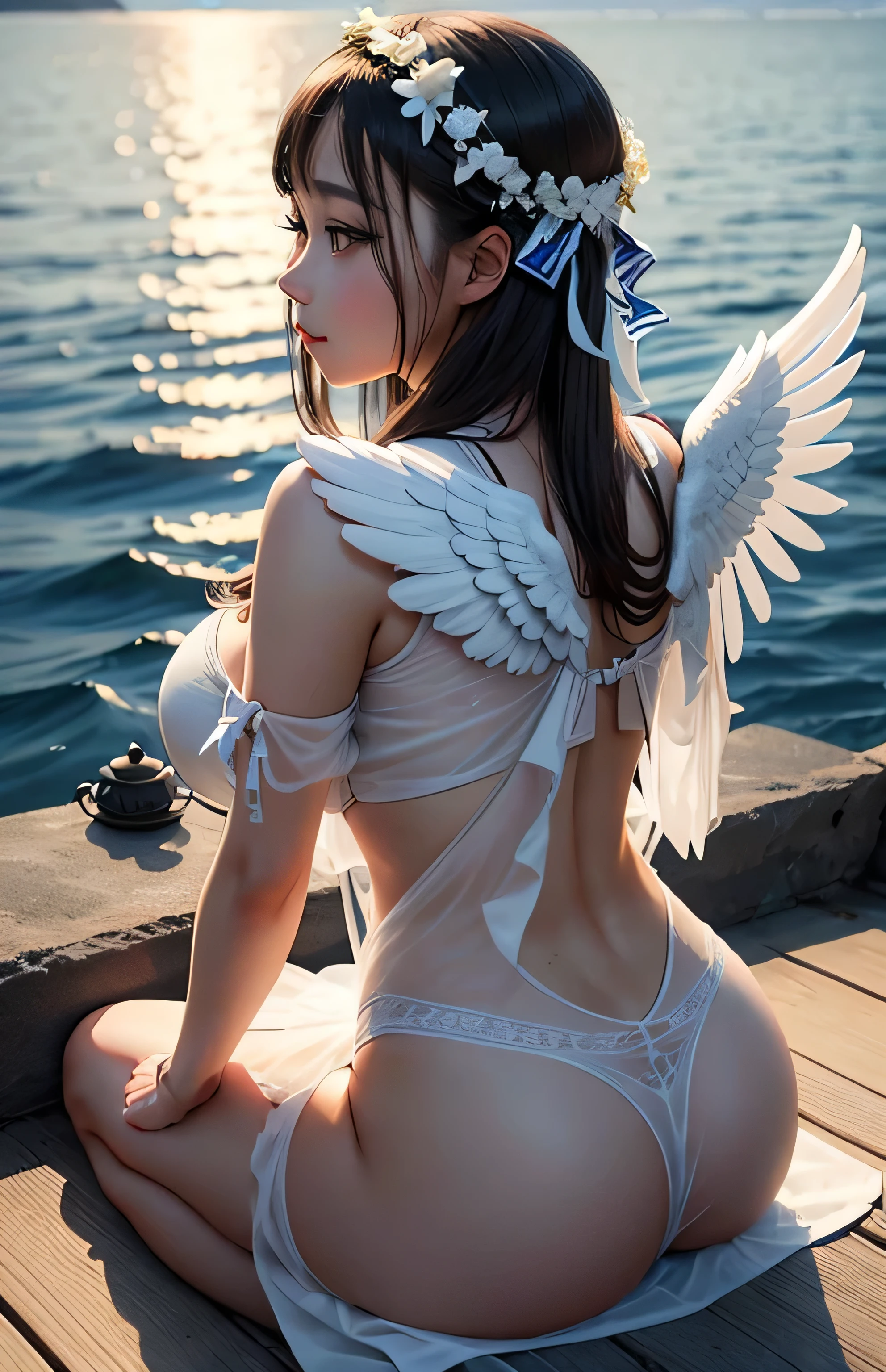 Greek warships、She has the white wings of an angel on her back、see-through white dress