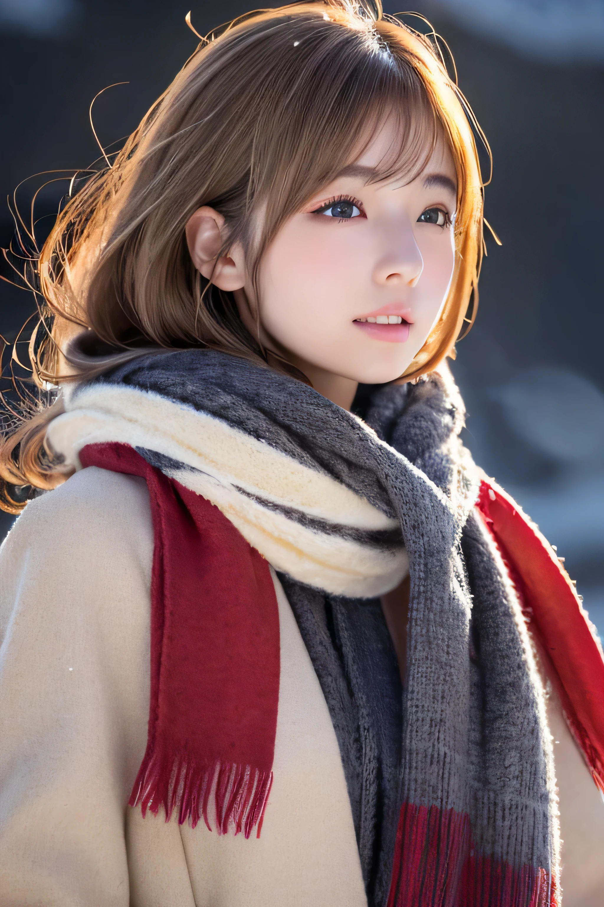 ((hair blowing in the wind、No makeup:1.2))、(realistic、Photoreal、super detailed、best detailed skins、highest quality、masterpiece、超A high resolution)、cute russian woman、14 years、high school girl、young girl、1 girl、have bangs、ash blonde:1.7、double eyelid、drooling eyes、Japanese style face、purity、realistic skin type、thick muffler、Gray muffler、fluffy hair、((There's hair in the scarf:1.3))、red cheeks、The wind is blowing、It's snowing、night、illumination、lighting from behind、hair blowing in the wind