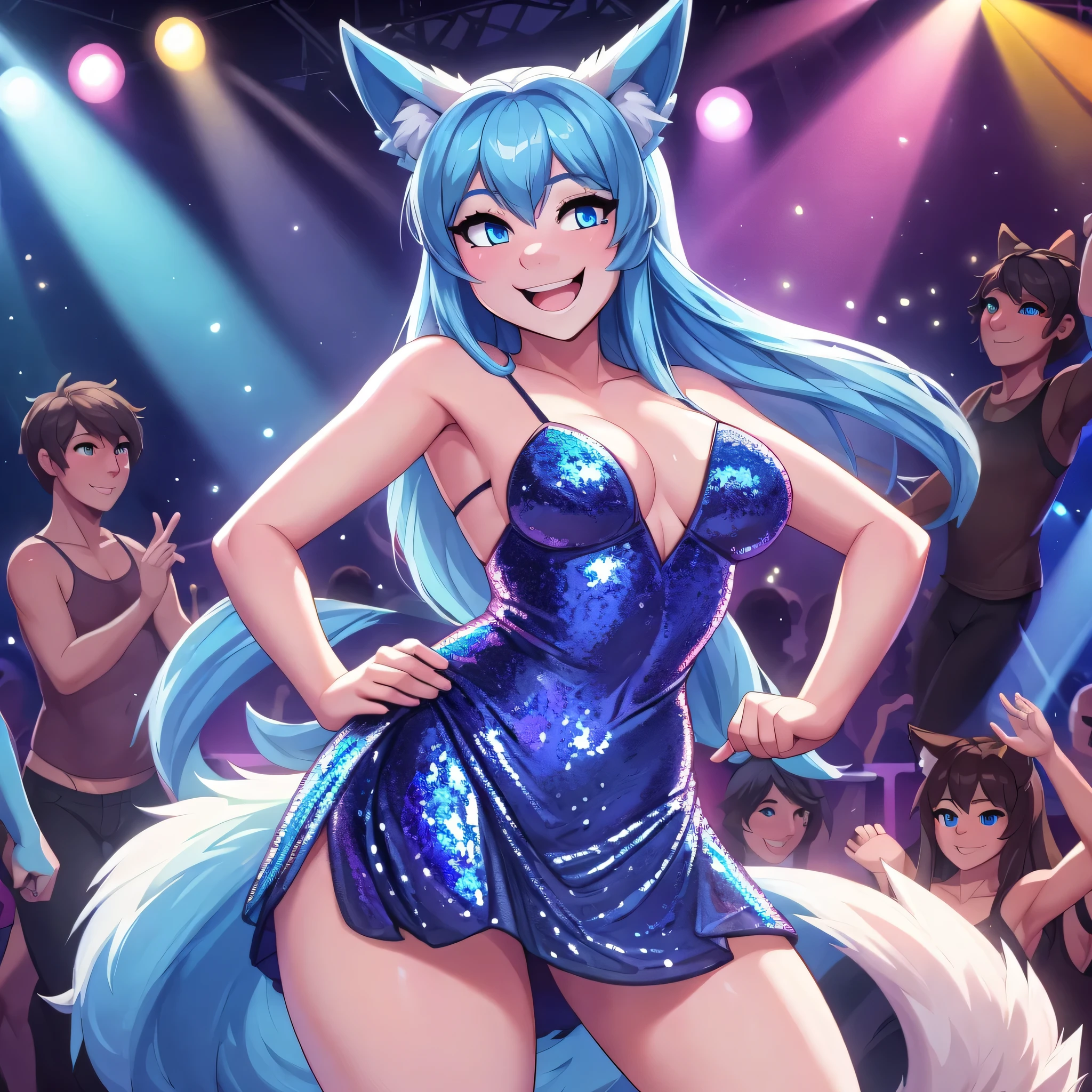 (Masterpiece) (High Detail) (High Res) Close up of A Short Humanoid Girl with pale human skin and blue eyes and long blue straight hair and blue dog ears and a fluffy blue dog tail and average breasts. She is dancing in a nightclub in a blue sequin dress and is looking happy. Lots of Anthro people dancing in the background.