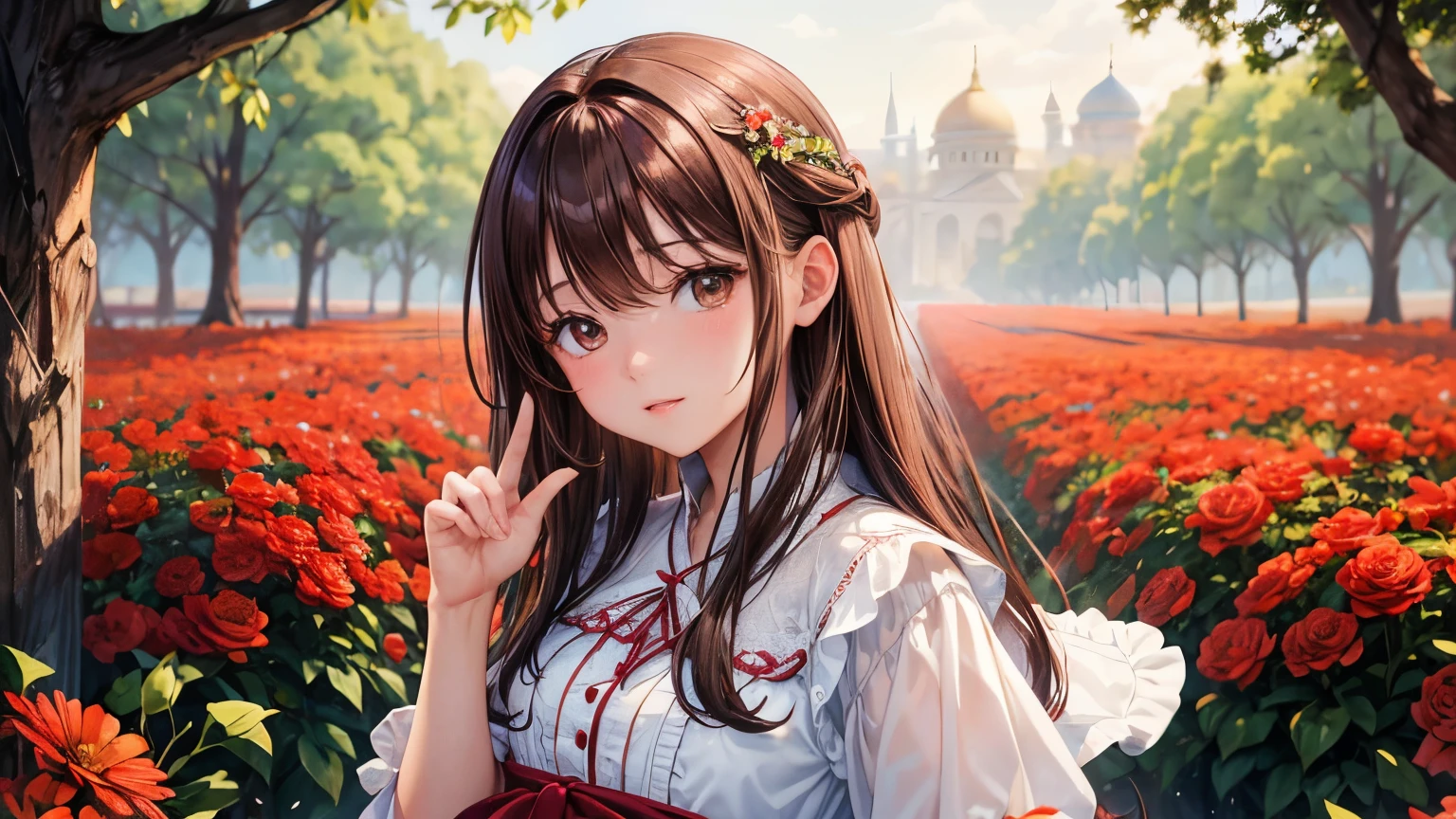 ​masterpiece, top-quality, hight resolution、A cute girl no matter who looks、Beautiful girl surrounded by beautiful flowers、Red and white dress、Watching the viewer、brown Eyes,long brown hair、Attractive eyes、[[A detailed eye、Colorful eyes、radiant eyes:1.15]]、Cowboy Shot,(Fine fingers:1.1)、front-facing view、