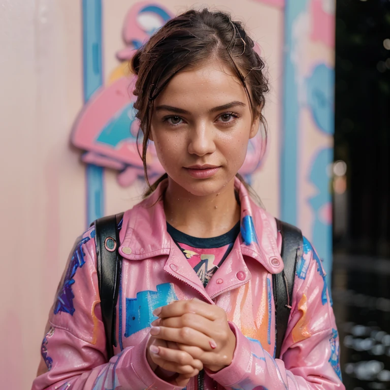 (((full medium shot))), (Masterpiece, best quality, ultra-detailed:1.3), (nice hands, perfect hands), official art, cinematic light, (1girl:1.3), adult, pink, street art, divine, (vibrant coloured background:1.3), wet, rain