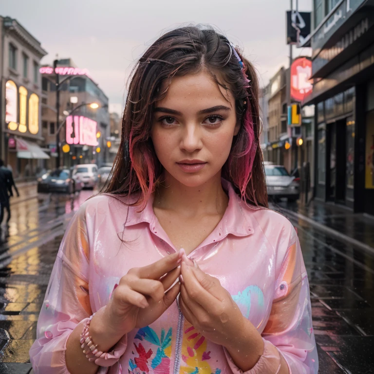 (((full medium shot))), (Masterpiece, best quality, ultra-detailed:1.3), (nice hands, perfect hands), official art, cinematic light, (1girl:1.3), adult, pink, street art, divine, (vibrant coloured background:1.3), wet, rain