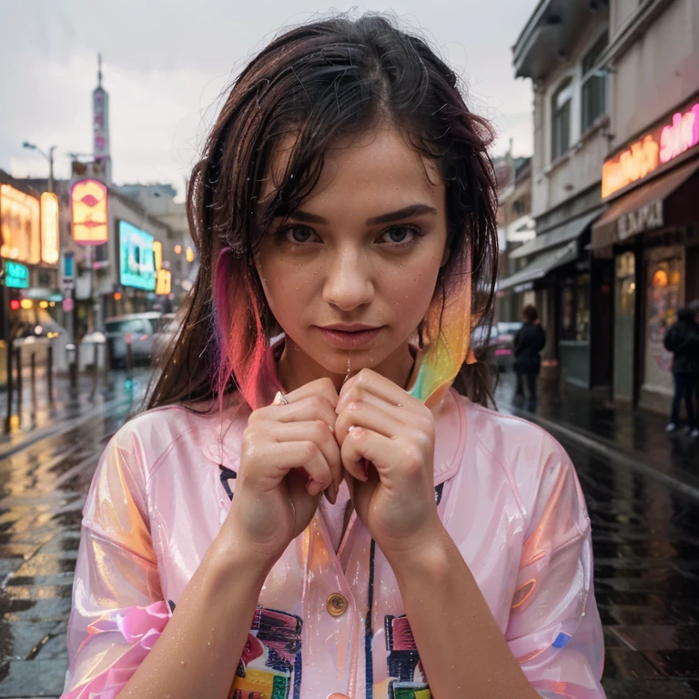 (((full medium shot))), (Masterpiece, best quality, ultra-detailed:1.3), (nice hands, perfect hands), official art, cinematic light, (1girl:1.3), adult, pink, street art, divine, (vibrant coloured background:1.3), wet, rain