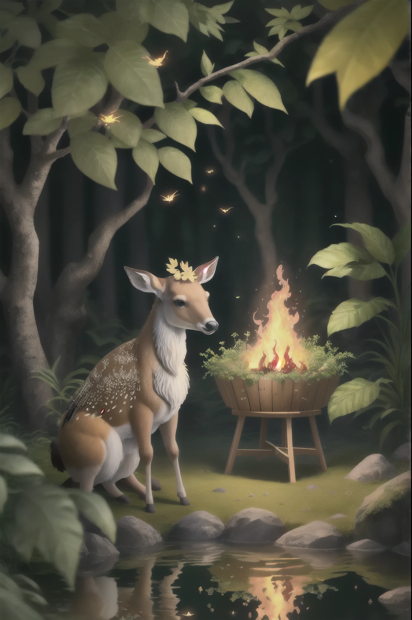 masterpiece, highest quality, (Highly detailed CG Unity 8K wallpaper), (highest quality), (best illustrations), (best shadow), Glow Sprite, With the shining deer, drinking water in the swimming pool, natureの要素 in the forest theme. mysterious forest, beautiful forest, nature, surrounded by flowers, delicate leaf and branches surrounded by fire Fly (natureの要素), (jungle theme), (leaf), (twig), (fire Fly), (particle effects) wait. 3D , octane rendering, ray tracing, Super detailed