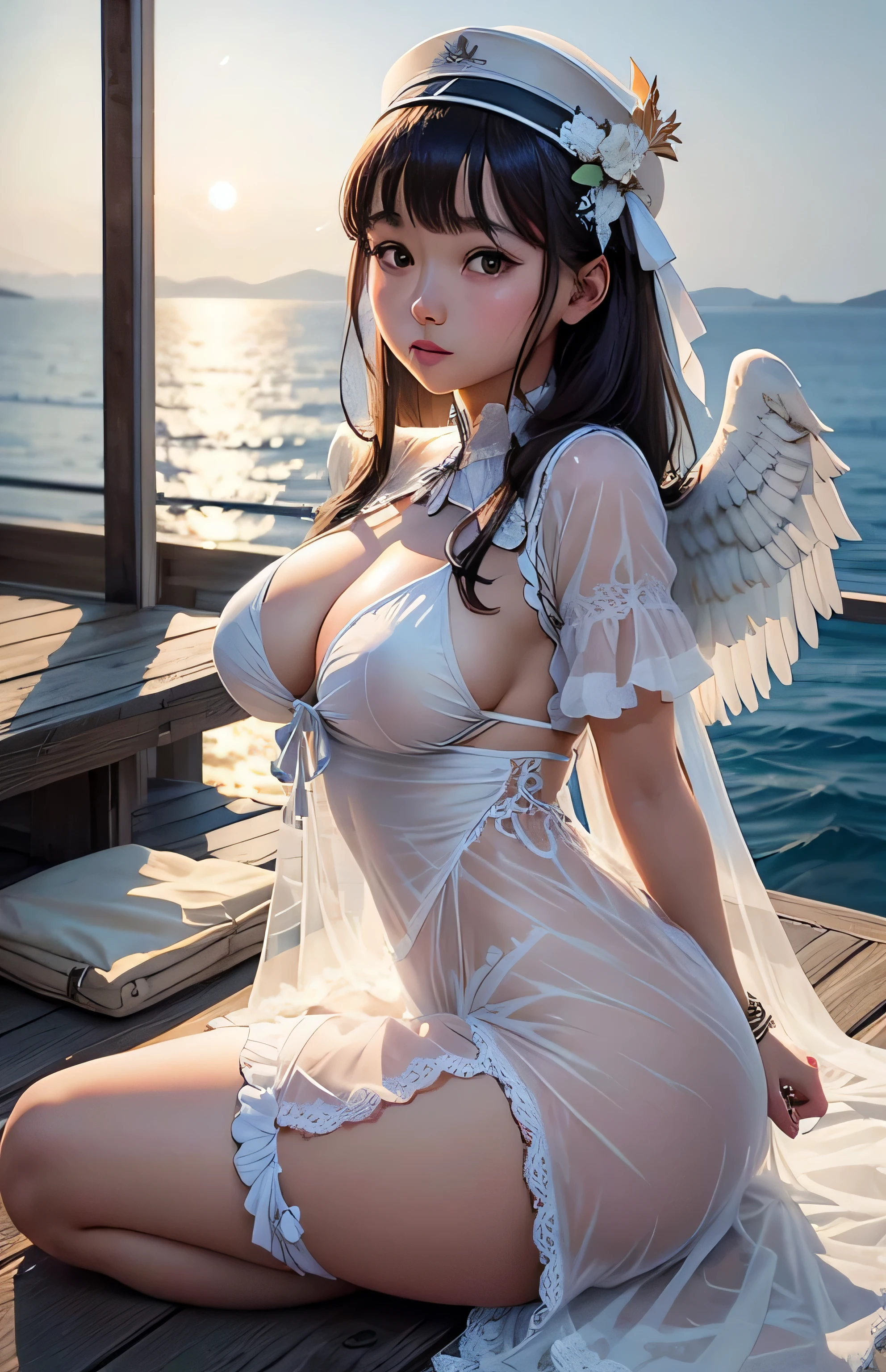 Greek warships、She has the white wings of an angel on her back、white see-through dress