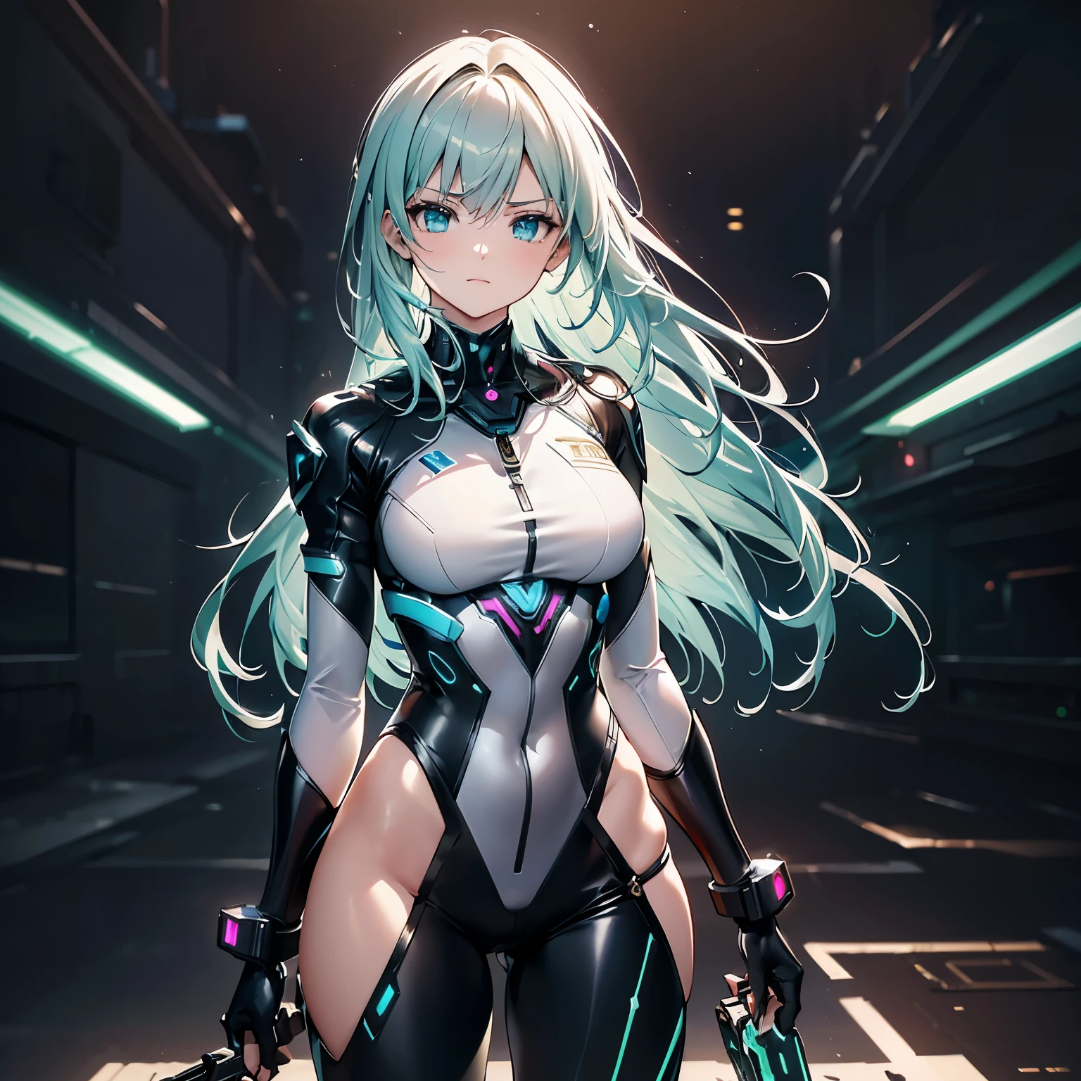 Number of Characters: One
Theme: A woman dressed in an artistic suit that combines a plugsuit and a cyber suit, set in a world where dark fantasy and cyberpunk are fused. This is a powerful and artistic AI illustration for NFT sales.
Style: A high-definition official artwork or very detailed exquisite fan art style that trends on ArtStation or Pixiv. It is inspired by the key art and feminine style of Kucharlt Krentz, and the Fate style. It also incorporates a realistic anime 2.5D style and the style of real anime girls.
Worldview: A future city where dark fantasy and cyberpunk elements are mixed.
Body and Skin Color: A muscular woman with brown skin.
Costume and Color: An artistic suit that combines a plugsuit and a cyber suit. The main colors are gold, blue, and green.
Hairstyle and Color: Long hair in silver.
Details of Possessions or Weapons: She is holding a futuristic cyber blade.
Emotions and Movements: She is full of confidence and preparing for battle.
Perspective and Composition: A low-angle view with a composition that shows the whole body.
Background and Color: A night view of a future city studded with neon lights. The sub-colors are light blue, yellow, silver, and deep red.
Light and Shadow: Strong light from neon lights and dramatic shadows caused by it.
Quality Improvement: Aim for absurdres, highest quality, realistic, hyperreal, ultra-detailed illustrations using the golden ratio 1.2 and the drafting board 1.3. Create a beautiful masterpiece of 64K with a large file size in ultra-high resolution. The face is high-definition and the lighting is perfectly finished. The resolution is 8K, ultra-high resolution: 1.2, high resolution (HD, 4K, 8K, 16K, etc.) can be selected. The color bit depth is 24 bits, 48 bits.
Others: This illustration aims to be sold as an NFT. Therefore, originality and artistry are emphasized. In addition, by adding unique elements according to the theme, the visual impact is enhanced. This illustration aims to have depth not only