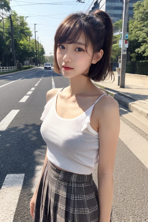 ((perfect anatomy:1.5,realistic:1.3,RAW photo:1.3,masterpiece、highest quality、Ultra - High resolution、High resolution、Detailed CG、8K)),cowboy shot,1 female,alone,dancer,18-year-old、high school girl beautiful girl,Japanese,((beautiful detailed face and eyes:1.2,big and gorgeous eyes:1.2,gray eyes)),dark brown hair,short bob hair,bangs,medium breasts,slender body,small head:1.3,skinny,(oily skin,glowing skin,shiny skin、Sweat),、plaid pleated mini skirt,on the road,Harajuku、Tokyo、