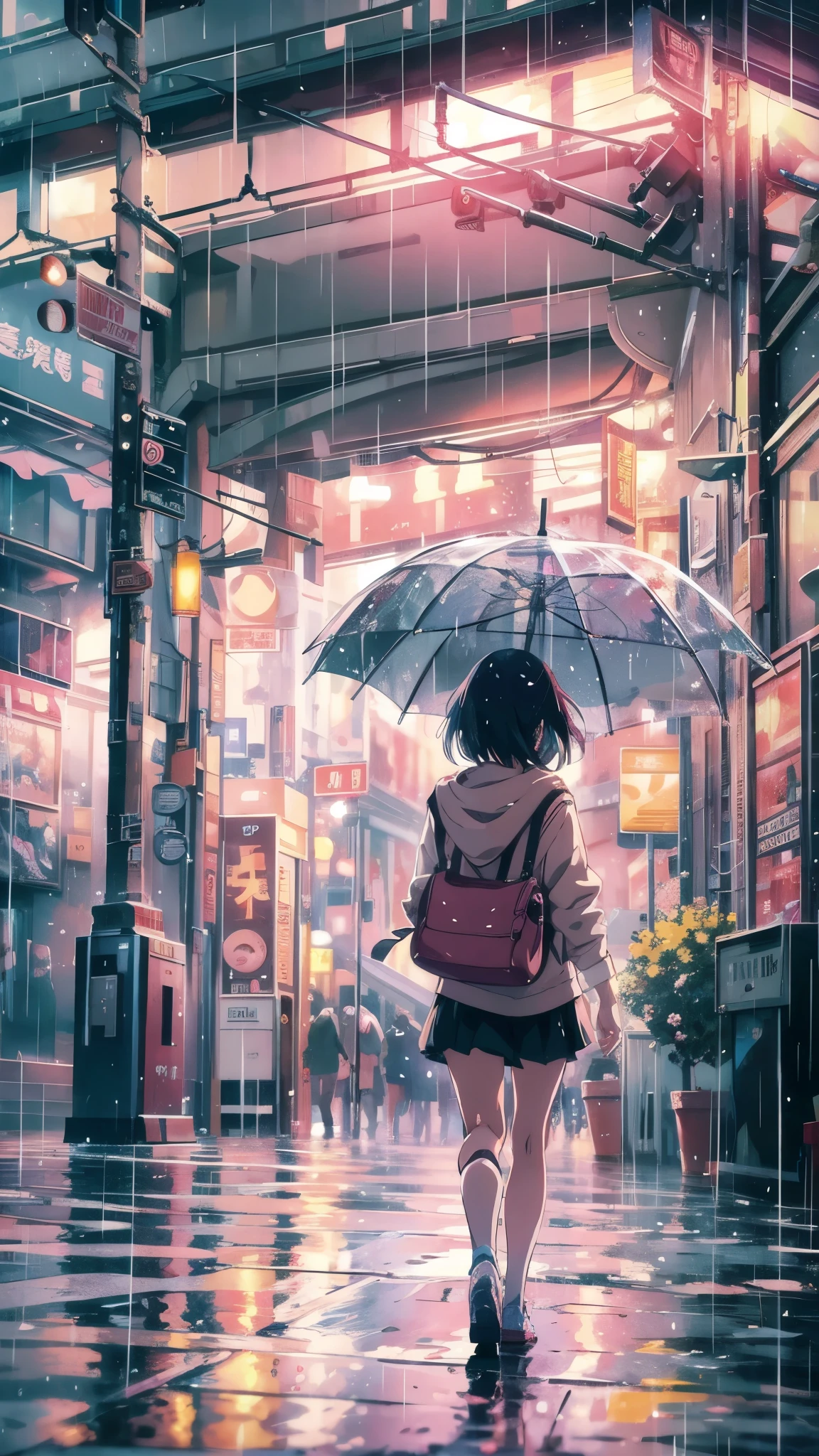 Anime girl with an umbrella walks through the city in the rain, anime art wallpaper 4k, anime art wallpaper 4k, Tokyo, Anime scene, 4k anime wallpaper, anime style 4k, anime art wallpaper 8k, anime wallpaper 4k, anime wallpaper 4k, Gouvez, Rainy streets in the background, artwork in the style of Gouvez