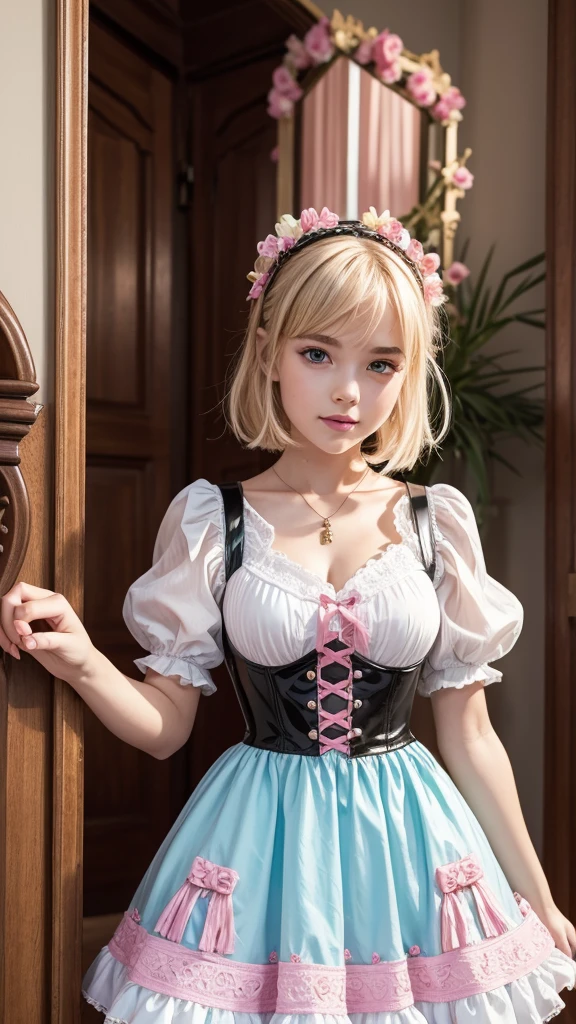 Eine kleine, sehr junge Blondine ,lockiges haar,verschiedene aufwendige frisure,sweet,verschmitzes lachen, Land-Lolita,Kettengeschirr ,Latex,kurzes Kleid in einer Fantasiewelt bonbonfarbenes, candy coloured, pastel-colored, blue,red,pink, yellow,intricate details