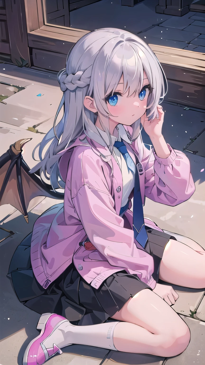 (masterpiece:1.2), (highest quality:1.2), perfect eyes, perfect face, perfect lighting, middle ages, middle ages, In town, silver hair, Noble Long Hair, (Tie up your hair), medium hair, blue eyes, pink jacket,　white t-shirt, black skirt,　Pink shoes,　dragon wings, wariza, From above, From the side