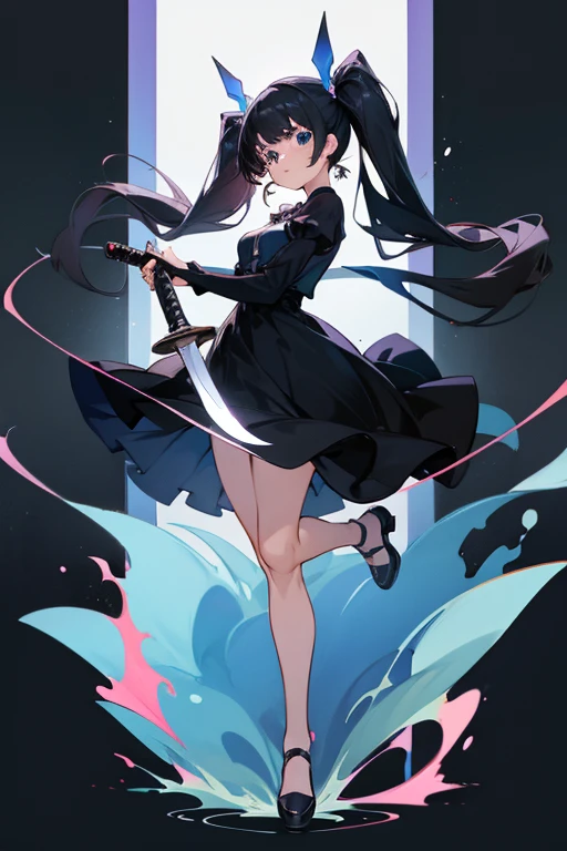 an anime girl full body with twin tails black hair, blue eyes, black dress, and holding a sword