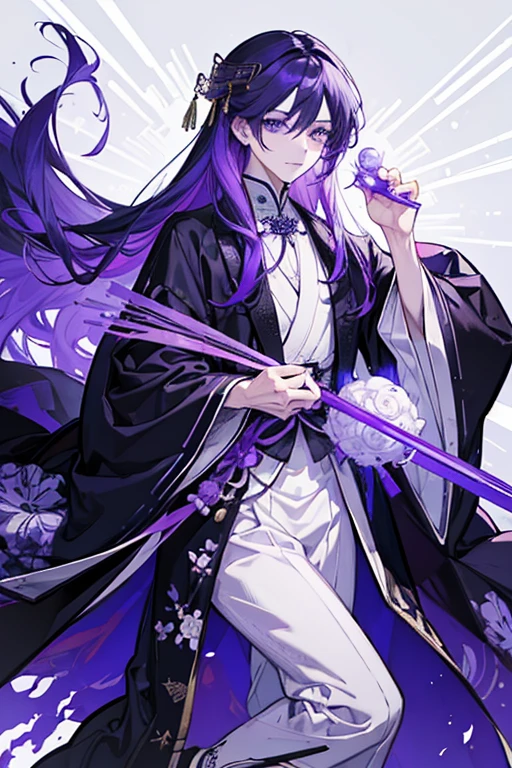 Man, drawing of a person with a purple hair and a black dress, ((wearing aristocrat robe)), full body white purple cloak, inspired by Okumura Masanobu, long haired humanoid fursona, inspired by Kanbun Master, inspired by Matsumura Goshun, inspired by Kusumi Morikage, full body purple and white cloak