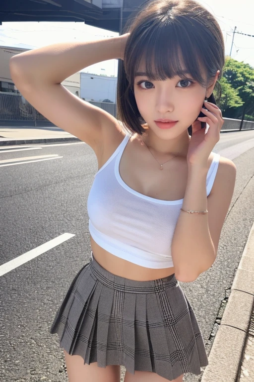 ((perfect anatomy:1.5,realistic:1.3,RAW photo:1.3,masterpiece、highest quality、Ultra - High resolution、High resolution、Detailed CG、8K)),cowboy shot,1 female,alone,dancer,18-year-old、high school girl beautiful girl,Japanese,((beautiful detailed face and eyes:1.2,big and gorgeous eyes:1.2,gray eyes)),dark brown hair,short bob hair,bangs,medium breasts,slender body,small head:1.3,skinny,(oily skin,glowing skin,shiny skin、Sweat),、plaid pleated mini skirt,on the road,Harajuku、Tokyo、