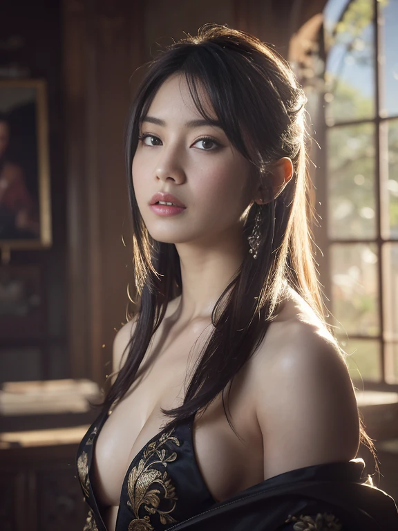 High quality, Masterpiece, Masterpiece, Exquisite facial features, Exquisite Hair, Elaborate Eyes, Off-bshoulders,Delicate colored hair, 4K quality, Gorgeous light and shadow, Tyndall effect, Halo, Messy hair, Young state, Gorgeous scenes, Beautifully dressed, feater,Ancient Chinese beauty with big eyes,detail-rich, Digital painting, art stations, concept-art, Sharp focus, illustration, Small breasts