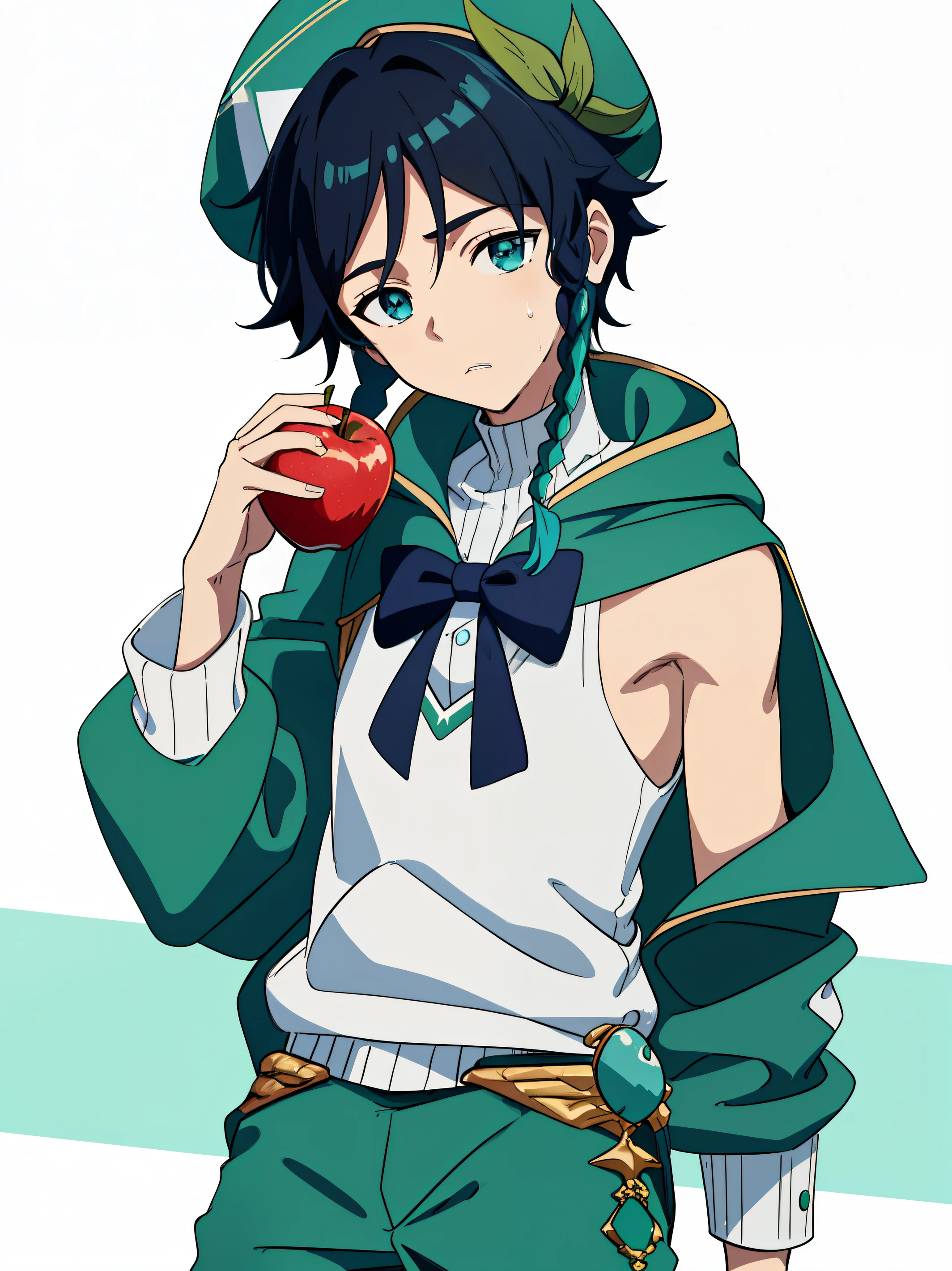 Highres, Masterpiece, Best quality at best,Best Quality,hight quality, hight detailed, 1boy, Venti, solo, Young boy, medium hair length, braids, dark blue hair color, cyan highlights in hair, calm expression, kind expression, Simple background, detailed eyes, Sleeves hoodie, White hoodie, Bare shoulder, green pants, short pants, bow tie, green hat, jewels, cyan, eating red apple, (very young boy), (very small and short body), 12-year-old boys, Sweat