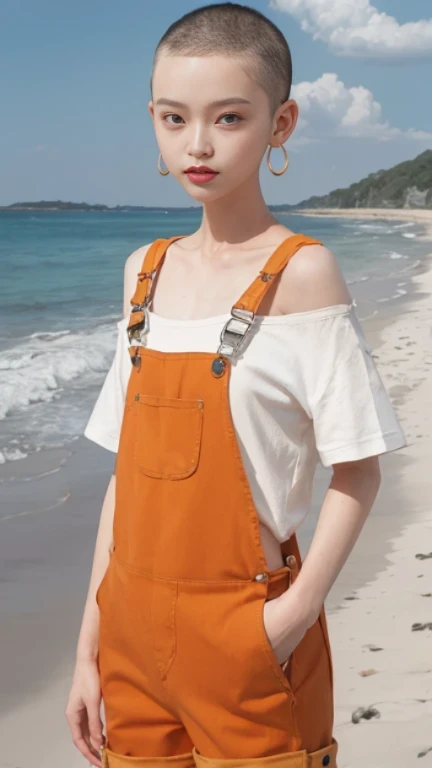 Arav woman in orange work clothes standing on the beach, Orange jumpsuit, work clothes, wearing an Orange jumpsuit, Official product images, wearing work clothes, Orange halter top, artist wearing work clothes, Wearing an orange T-shirt, Wearing an orange sundress, Wearing an orange prison jumpsuit, Neck enlargement, Wearing an orange T-shirt, Cute girl in costume