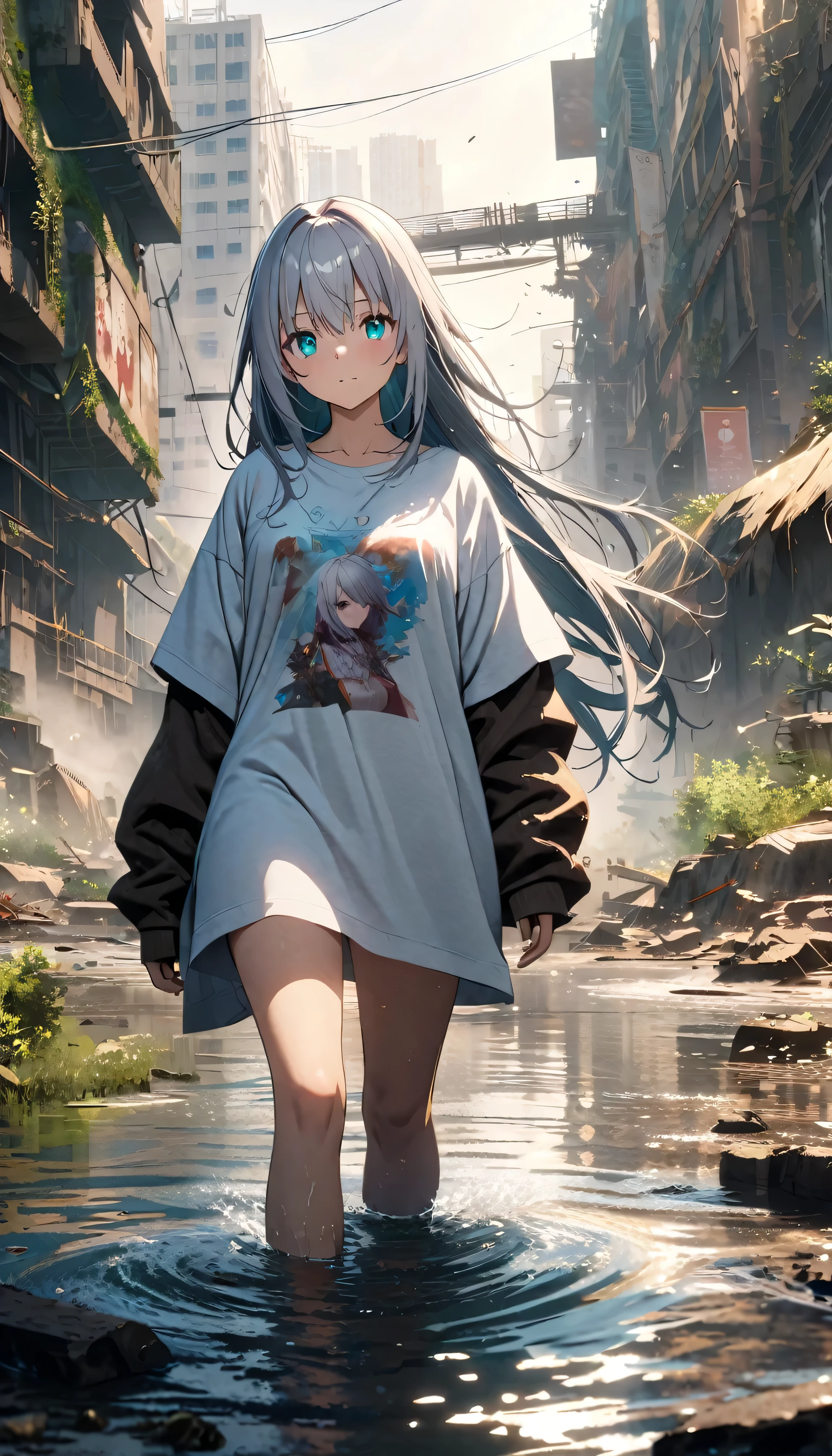((Masterpiece. 4K. Extremely detailed cg. Full HD. Super detailed. Best quality. Girl looking viewer. Pretty face girl. anime girl walking on water, beautiful girl. Long hair. Silver hair. Beautiful Aqua eyes. White T - shirt oversized.)) beautiful anime scene, post apocalypse city. overgrowth, walking on top of a tiny city, beautiful anime scenery, post apocalyptic, octane render, hd anime cityscape
