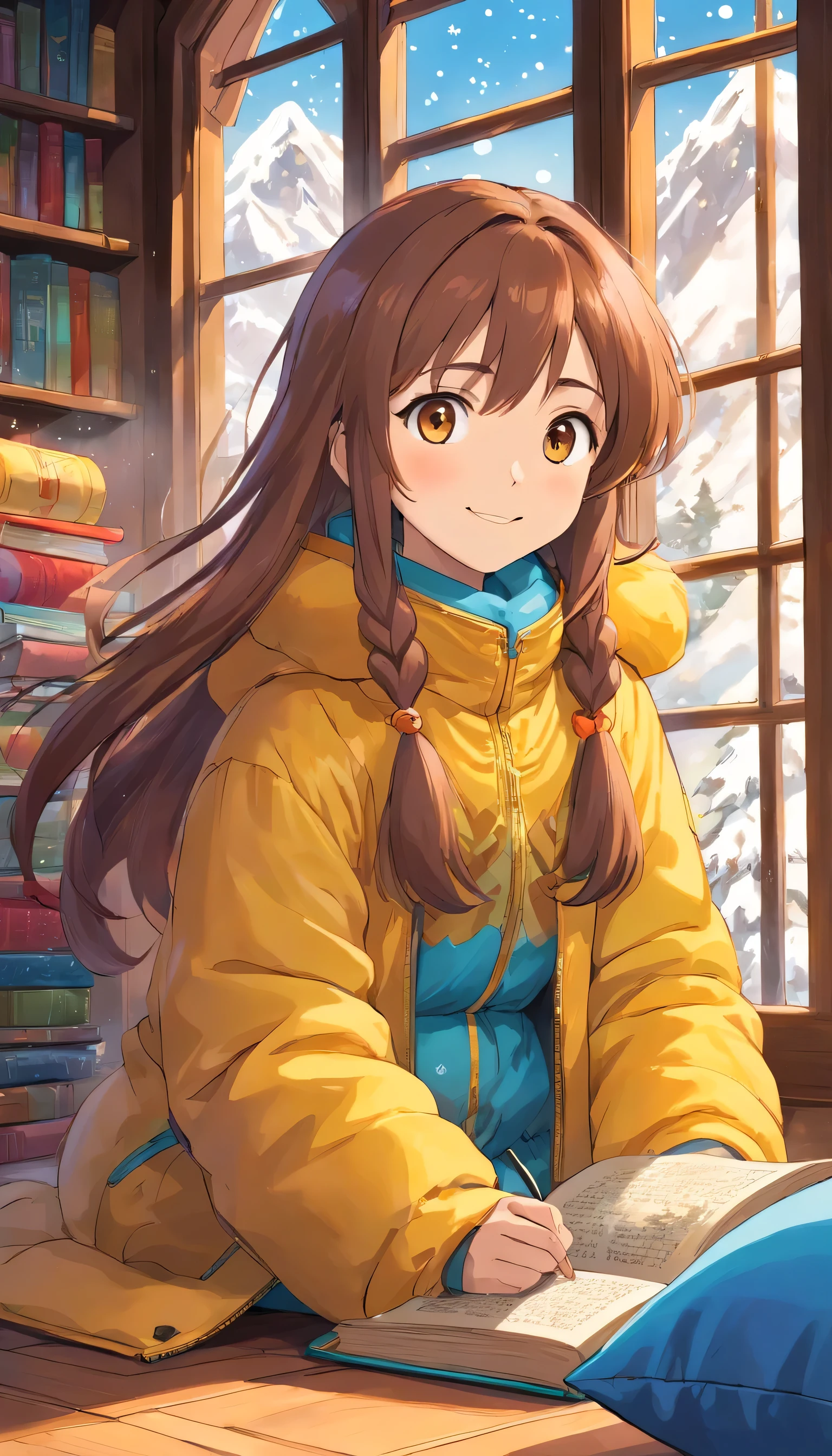 cure，Reject EMO，Very happy，Very happy，Face life with a smile，Sunlight，long hair，down jacket，Cloud commissary，Cloud pillows，It&#39;s snowing outside the window，Large floor-to-ceiling windows，snowflake，read a book