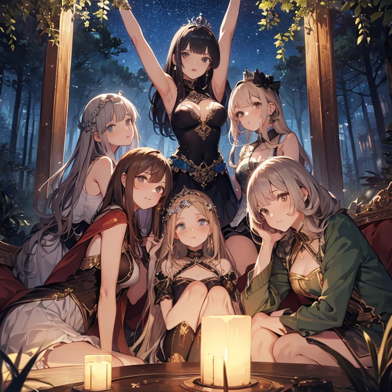 A group of young princesses, (in forest), various hair styles, harem, wearing royal dress, night, details face, , short skirt, seducing, sleeveless , showing armpits, night, starry night