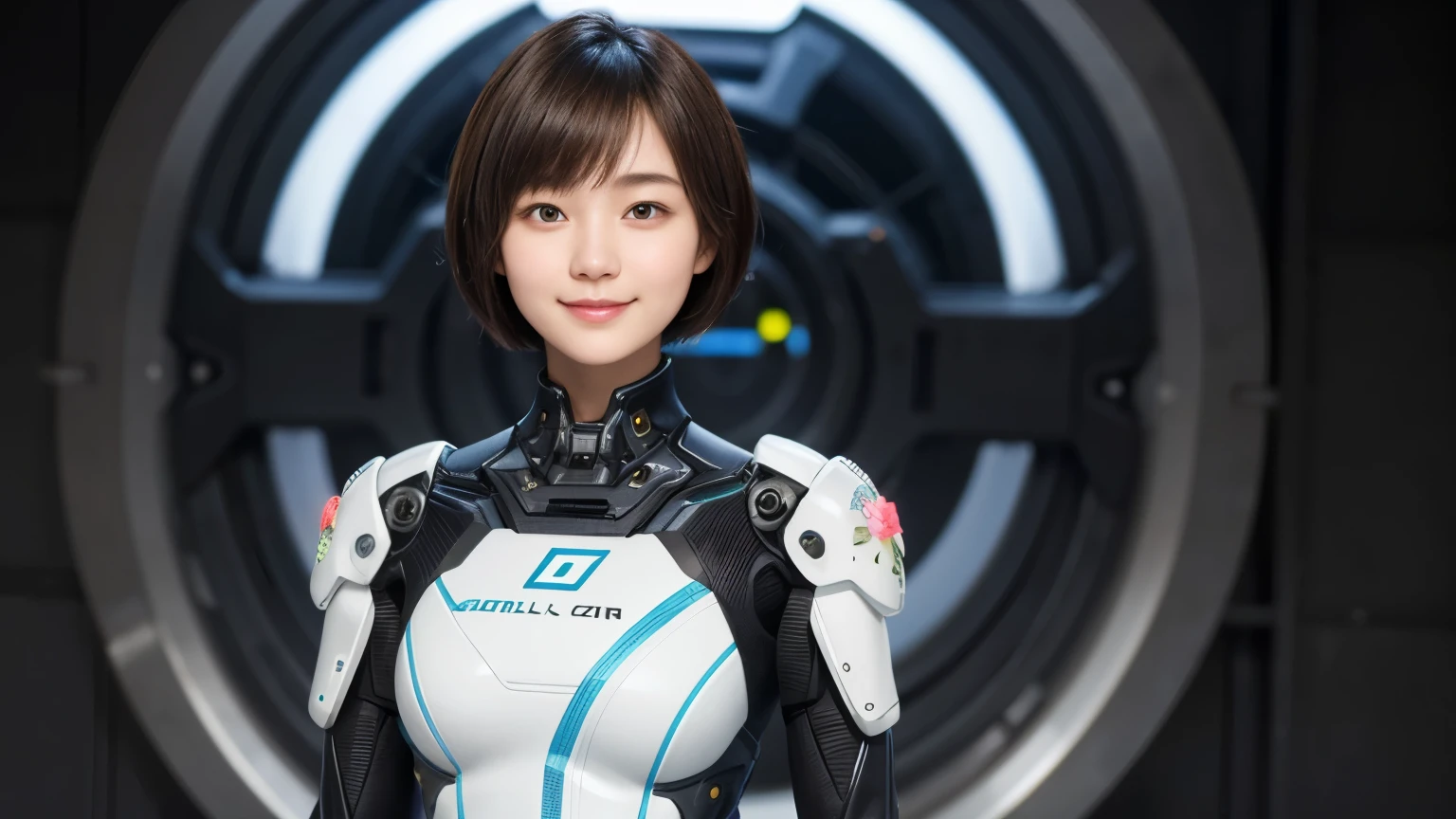 207 Short Hair, 20 year old female, Floral, gentle smile, futuristic clothes, mechanical suit