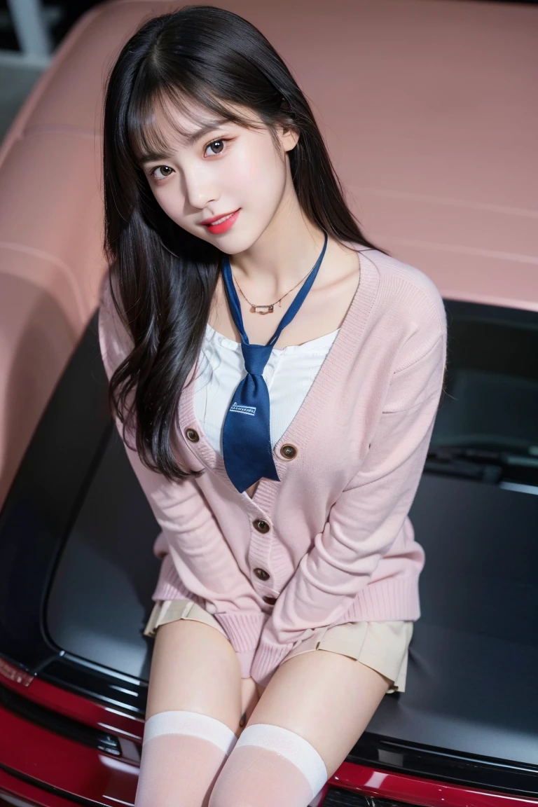 (8K), (highest quality: 1.2), (realistic), (realistic: 1.37), ultra high resolution, (1 girl, cute, smile, closed mouth, thick lips,red lip,beautiful details, beautiful nose, (straight black hair), giant dulcefo,(school uniform),(pink cardigan),white shirt,tie,check pleated skirt,(Blue knee-high socks),(Model poses at the motor show), From above,close up of face,thin necklace,(Medium Shot:1.2),