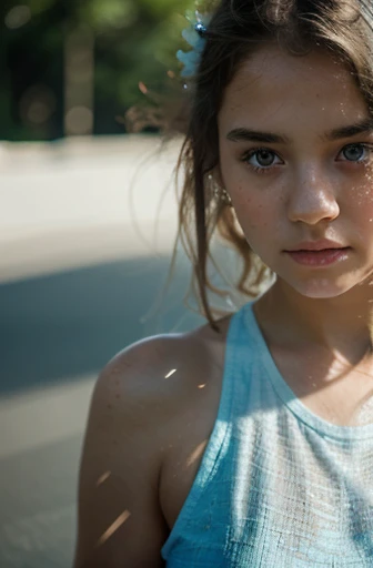 there is a young girl , white nature skin, white styled top and black shorts, photo of young girl, and, light blue dress portrait, portrait, motion blur, glowing light, reflection light, blending, drop shadow, textured skin, super detail, highres, 8k