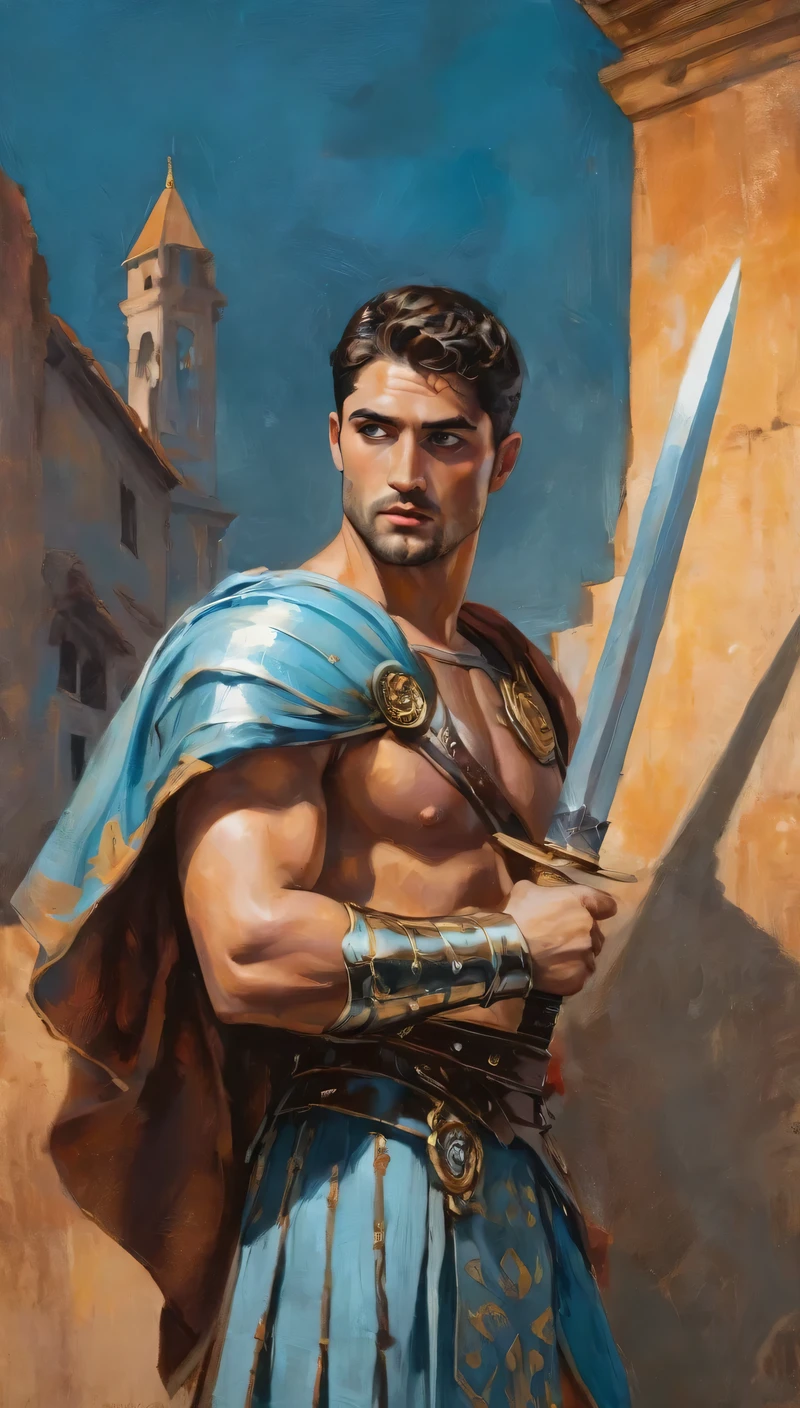 chiaroscuro technique on impressionist illustration of an masculine, 26-year-old Italian male model, handsome Roman, he is the god of war, he is Ares, Mars, evil-looking, strong look, light blue eyes, strong jawline, dressed as a gladiator, ancient gladiator, male gladiator skirt, matte painting, by Harumi Hironaka, extremely soft colors, vibrant, pastel, highly detailed, digital artwork, high contrast, golden dramatic, refined, tonal, an intimate, seductive studio setting with a focus on sensuality and romance. Utilize soft, warm lighting that bathes the space in a gentle, inviting glow. Incorporate luxurious fabrics, plush furnishings, and a touch of decadence to evoke an opulent ambiance. The scene should exude an air of serenity and anticipation, inviting the viewer into a sensual and romantic space