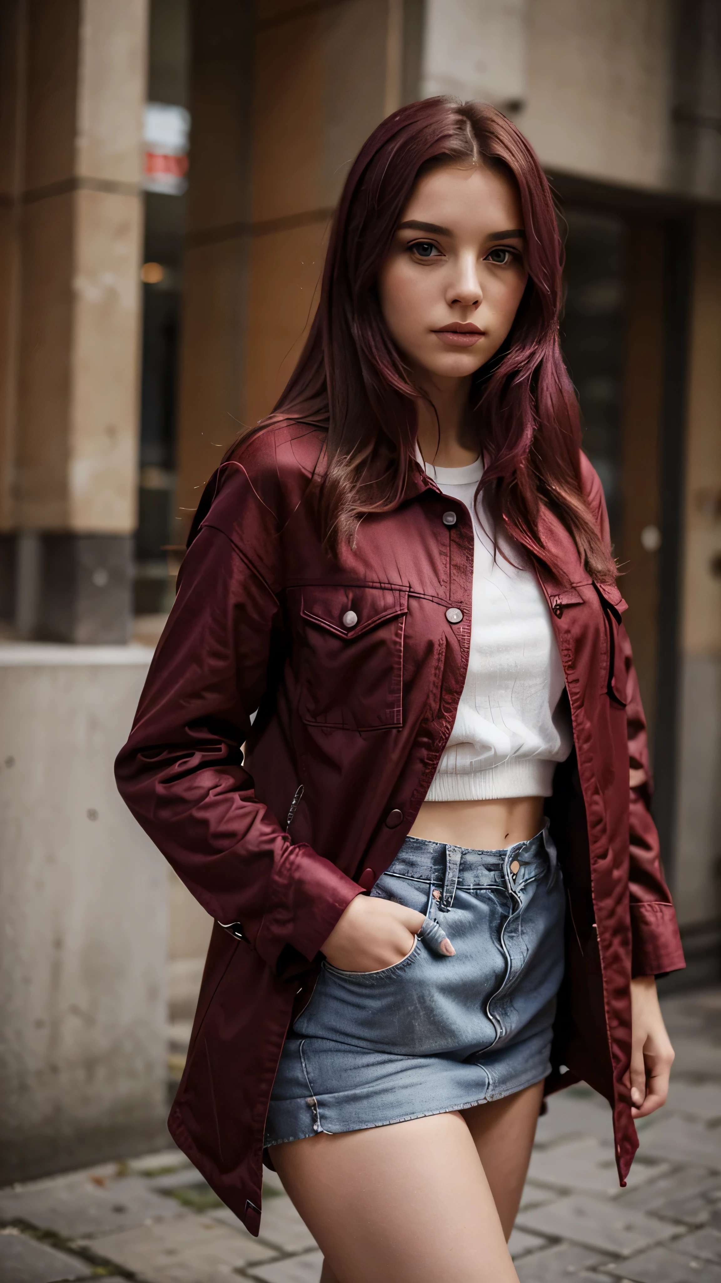 jeune fille de 20 ans au cheveux tres long violet avec une veste ROUGE, habiller en ROUGE, vetue de ROUGE, OUTFIT RED, une tenue rouge