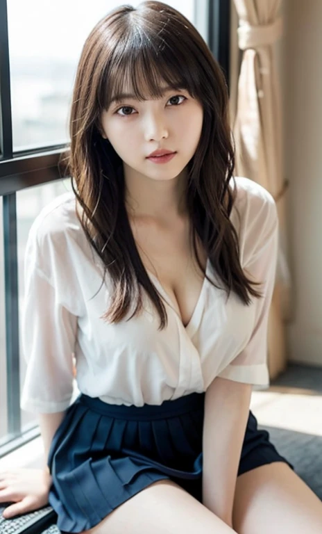 masterpiece、highest quality、16K、High resolution、UHD,Depth of the bounds written、very detailed、soft light、professional lighting、Pale shading、Weak contrast、Japanese、beautiful girl、Glamorous woman、daytime office、Window seat、sitting in front of the computer、A loose pastel-colored camisole、navy pleated skirt、micro mooth and beautiful thighs:1.6)、(big breasts:1.3)、deep cleavage、fine and beautiful eyes、(hanging eyes)、(thin eyebrows)、(thin lips)、gentle smile、(long wavy hair、high ponytail),(The bangs are see-through bangs)、