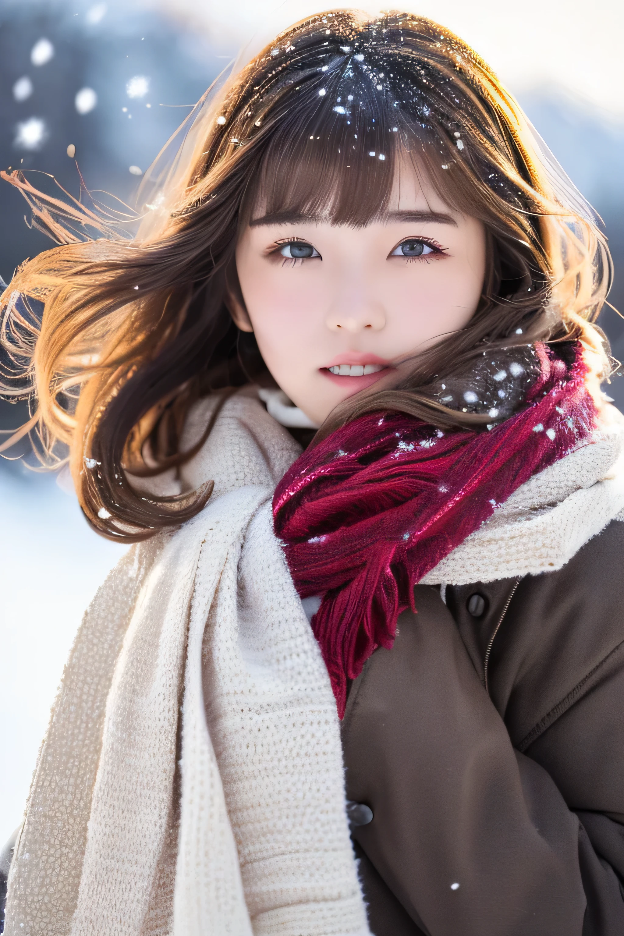 ((hair blowing in the wind、No makeup:1.2))、(realistic、Photoreal、super detailed、best detailed skins、highest quality、masterpiece、超A high resolution)、cute russian woman、14 years、high school girl、young girl、1 girl、have bangs、ash blonde:1.7、double eyelid、drooling eyes、Japanese style face、purity、realistic skin type、thick muffler、Gray muffler、fluffy hair、((There's hair in the scarf:1.3))、red cheeks、The wind is blowing、It's snowing、night、illumination、lighting from behind、hair blowing in the wind