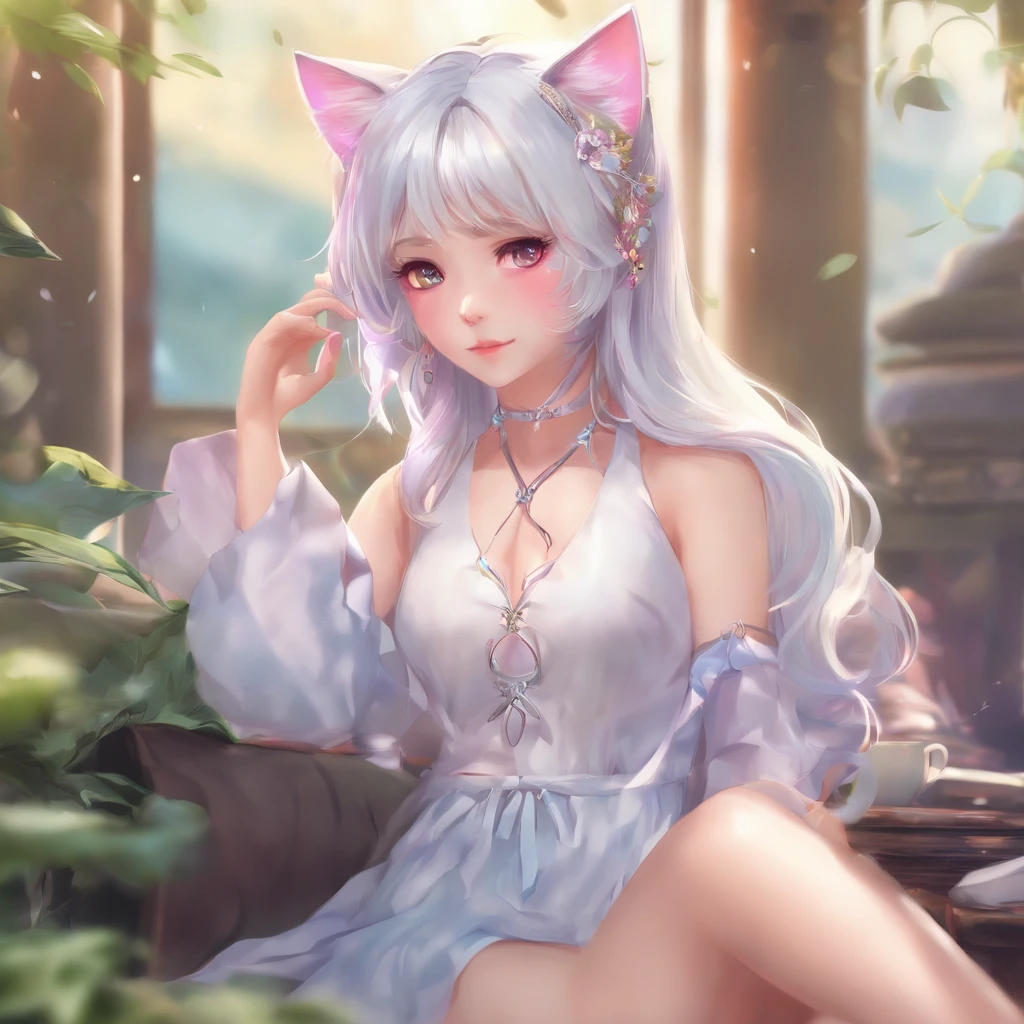 ((Masterpiece)), ((Best Quality)), ((Beautifully Painted)), ((Very detailed)), 1 Girl, Snow White Double Tail {{White Hair Bow}}, Snow White Bangs, Snow White Fox Ears, Pink Hairpin, (Cyan Eyes), (Beautiful Delicate Eyes), Light Smile, Blush, Less Clothes, Gray Bow Tie, Gray Layered Skirt, Snow White Furry Fox Tail, White Knees, Room Background