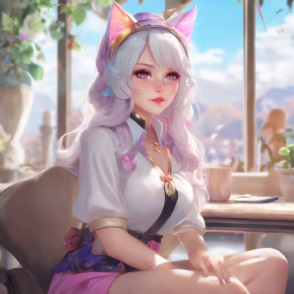 Colorful hair and colorful dress in anime ((cat-eared 1girl)), pastel vivid, rossdraws cartoon vivid, anime style 4k, beautiful anime portrait, artgerm colorful!!!、! dream art germ, beautiful anime, cat ear 1girl, anime style digital art, anime art wallpaper 4k, anime art wallpaper 4k, digital anime art, highly detailed art germ, , full body, sitting in her office, white hair, front view, smirking,