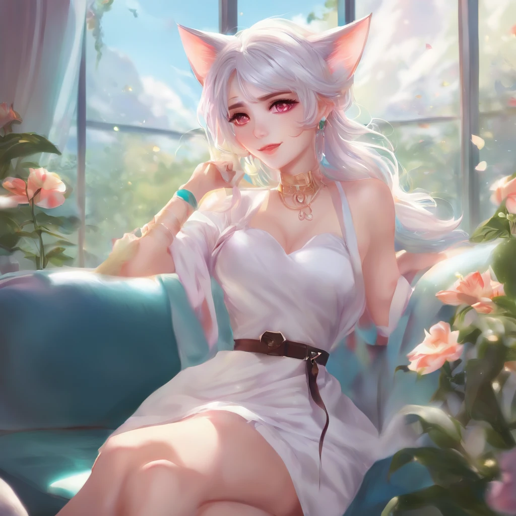 White Catwoman is resting in front of a shining crystal glass vase with fractal roses on it. The vase is surrounded by drops of liquid colorful splashing in the air. The art was inspired by Hedi Xandt, a zbrush central contest winner. It is baroque, colorful, and ornate. The vase is made of crystal glass and is decorated with fractal roses. The roses are colorful and are splashing in the air. White Catwoman is cute and is resting in front of the vase.