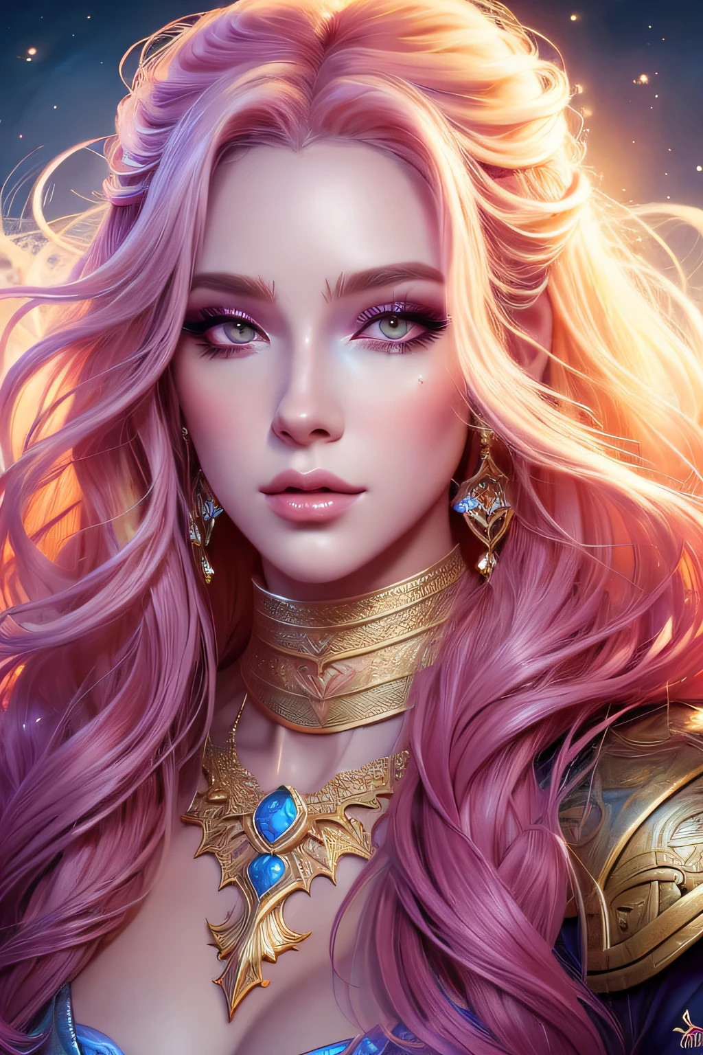 The bright hair and makeup look is very unique., colorfull digital fantasy art, 8K high quality detailed art, 4K high-definition digital art, detailed fantasy digital art, goddess close-up portrait, Beautifully detailed fantasy, amazing digital art, goddess. very high detail, Detailed matte fantasy portrait, digital fantasy art ), beautiful fantastic portrait, Karol Bak Oud