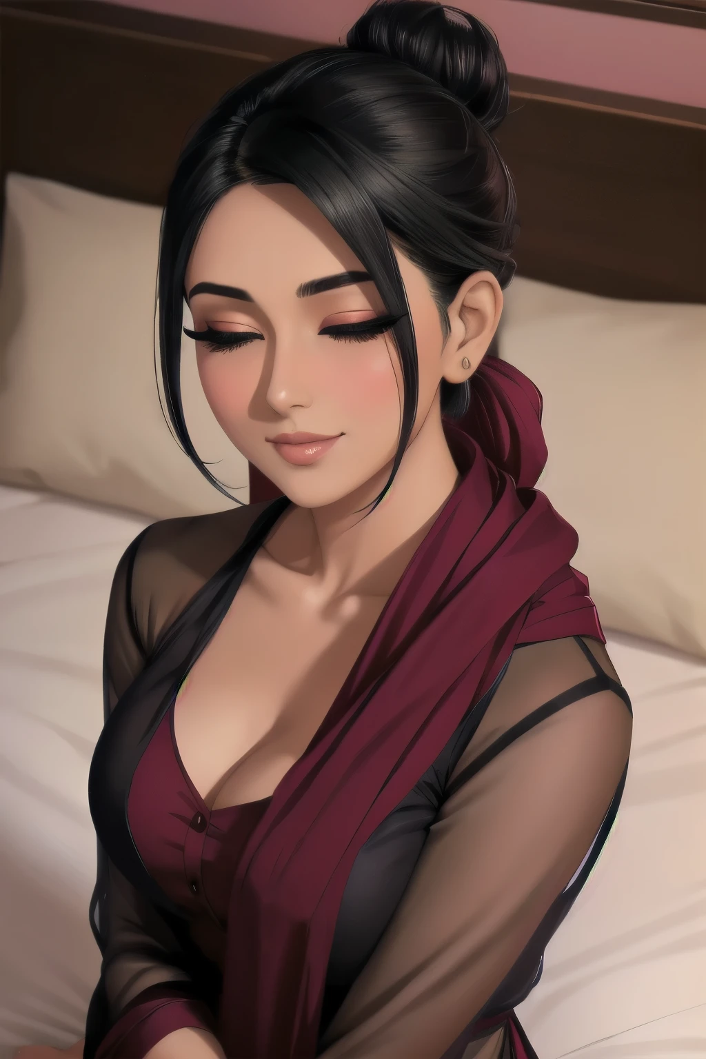 Sexy woman, black hair tied in a bun, smokey eyes, eyeliner, glossy lips parted, blushing intensely, smiling, wearing maroon kurta pajama with maroon sheer shawl, lying on bed, head on pillow, facing up