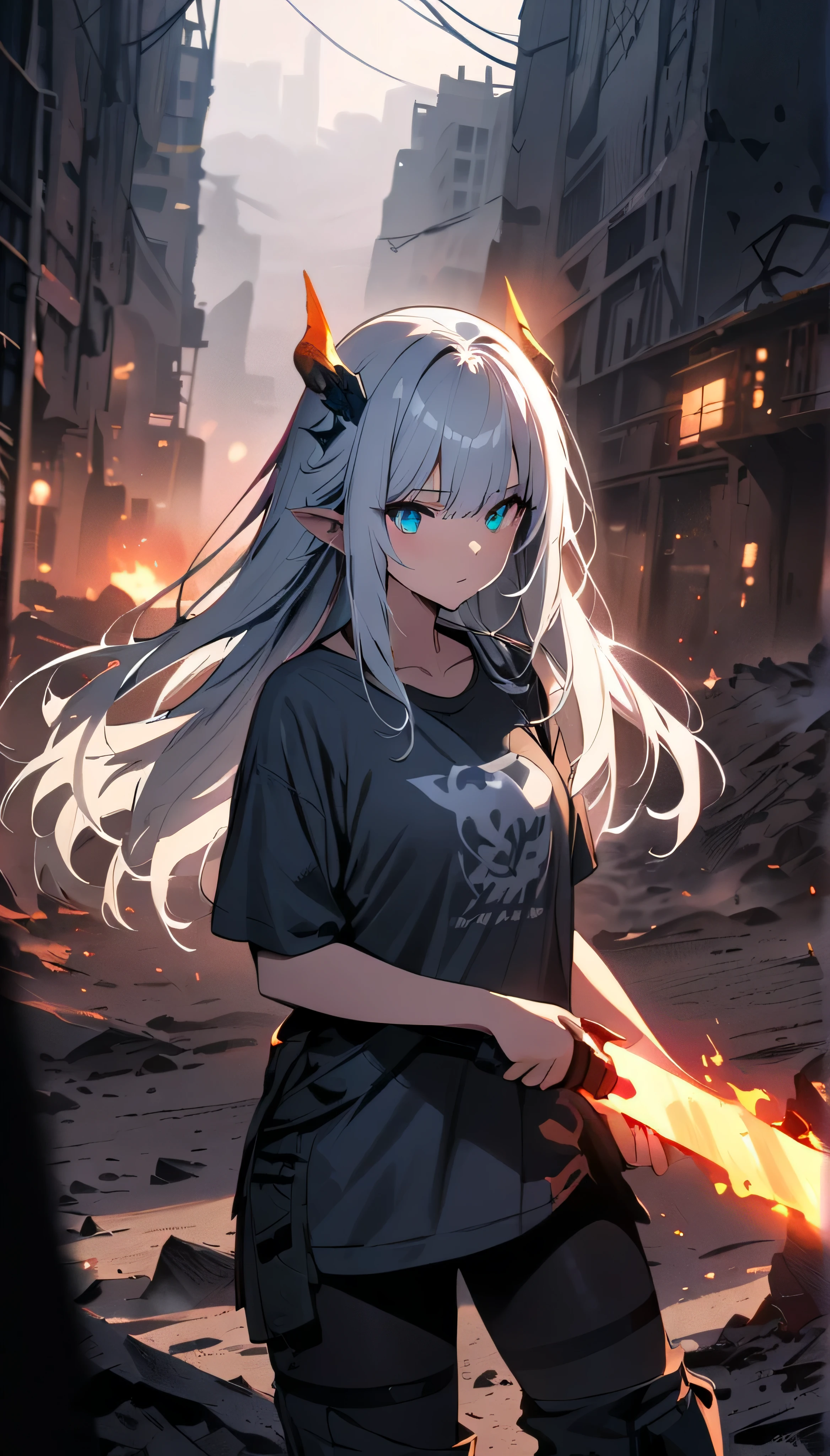 Resolution full, best quality, masterpiece, full HD, foggy theme, super detailed, beautiful girl. 1girl. White hair, long hair. Bangs. detailed beautiful aqua eyes, dragon horns. White hair ornament. grey T - shirt. in wasteland, in burning city, holding glowing sword, shadows surroundings girl, has a lighting power