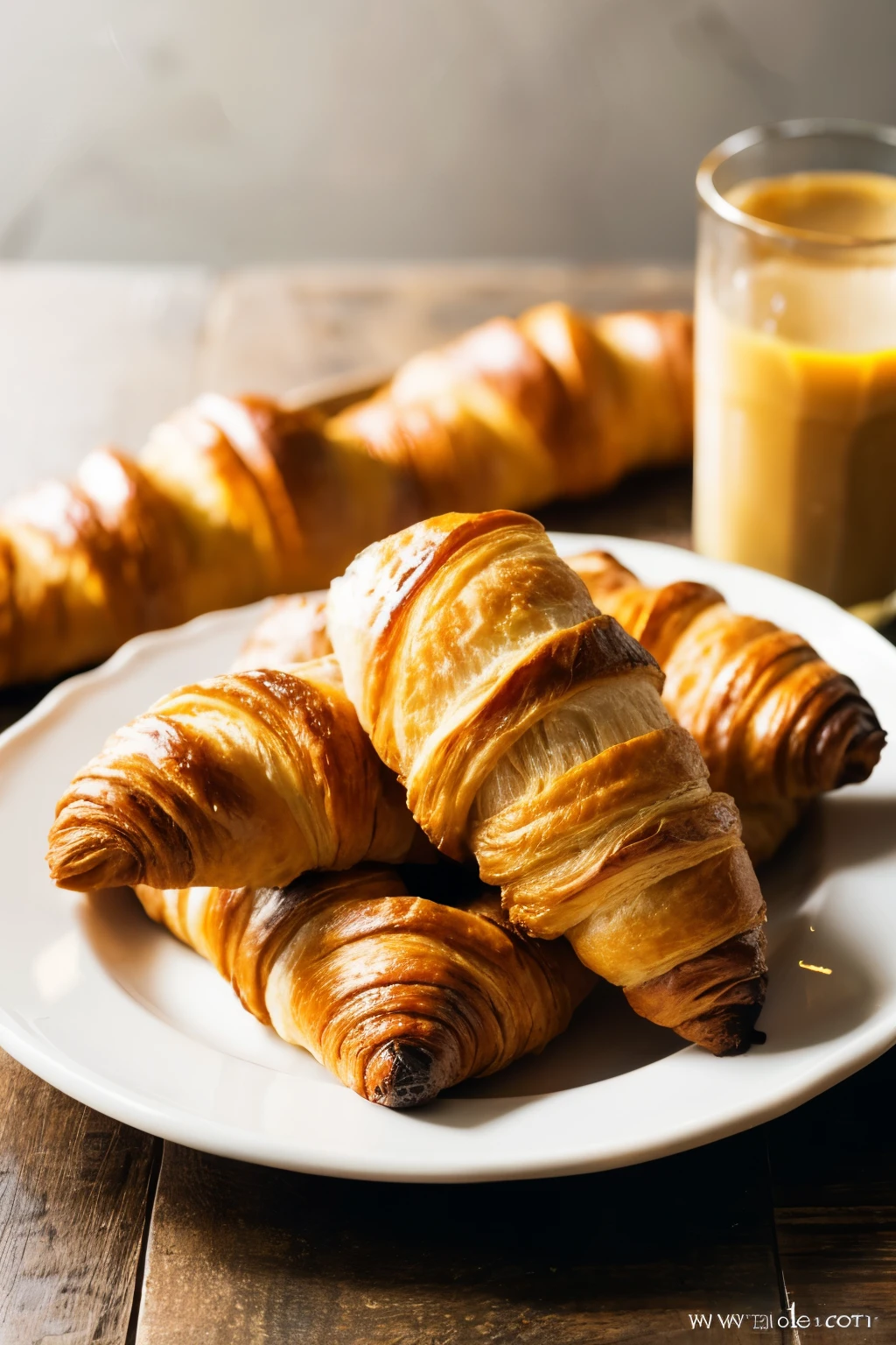 Create a photorealistic image that captures a plate of golden-brown croissants with a detailed, flaky texture. The plate is to be set against the backdrop of a dark, rustic wooden table surface. Use a simulated DSLR camera setting with a 50mm prime lens at f/2.8 to achieve a shallow depth of field, focusing sharply on the center croissant while gently blurring the background. The lighting should emulate the soft, diffused morning light entering from a window to the left, highlighting the croissants' layers and casting a gentle shadow to the right of the subjects. Compositionally, aim for an over-the-shoulder angle slightly above the plate, giving a sense of an inviting breakfast ready to be enjoyed. The color palette should be warm, with an emphasis on the rich, buttery tones of the pastry.