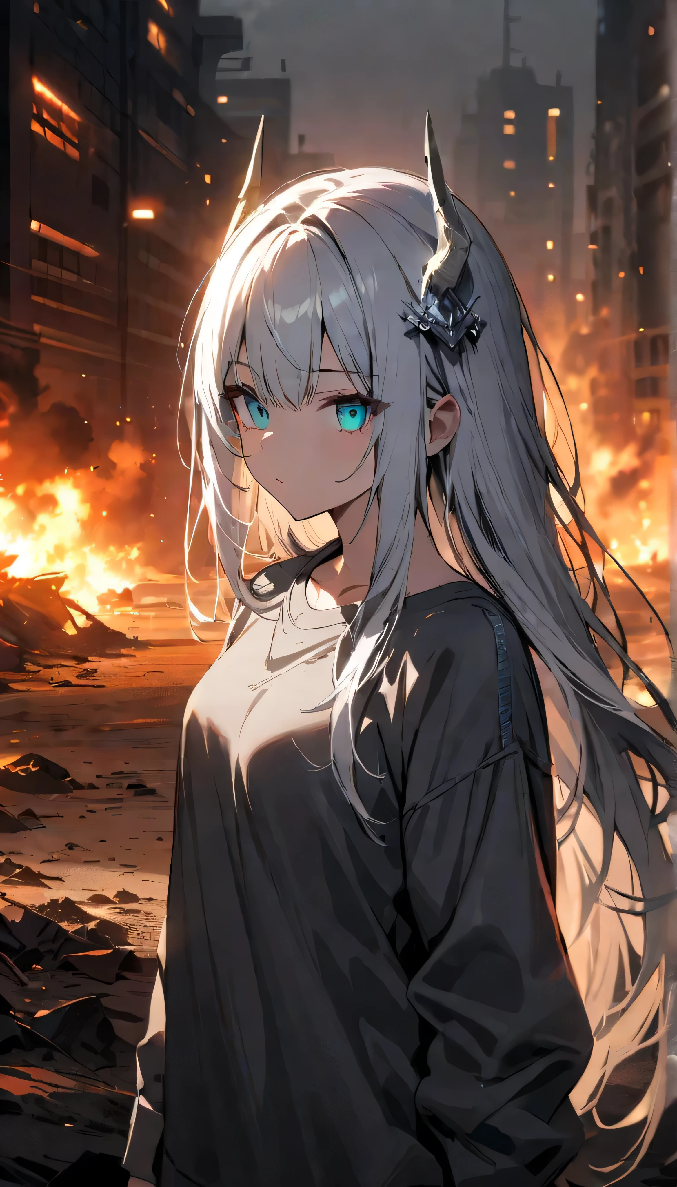 (masterpiece、top-quality)、frontage、独奏、1girl in、is standing、Hands folded behind your back、amidst nature、A smile、The long-haired、Light purple hair、Hair flutters in the wind、with light glowing、Windy、Adult、Flames flutter