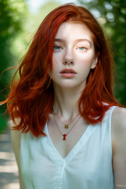 ( masterpiece, top quality, best quality,8k, girl,ultra detailed,raw photo:1.5),(photorealistic:1.4), (red hair:1.5), (cinematic lighting), PerfectNwsjMajic, , Surrealism, UHD, ccurate, Super detail, textured skin, High detail, Best quality, dynamic angle, (high nose,White skin),[Beautiful blue eyes],[flat chest:large breasts:0.5],(1girl),(good anatomy:0.5)),(outside:1.5), Necklaces,