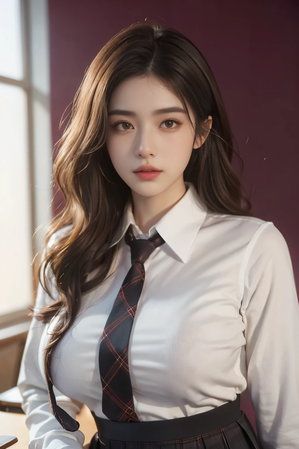 (1 girl:1.3),break, half body shot, Japanese, supermodel, (((I'm holding the camera))), Chubby body type, Plump, high school girl, (From before), (highest quality:1.4), 32K resolution, (realistic:1.5), (Super realistic:1.5), High resolution 32k UHD, (masterpiece:1.2)), (Improvement of quality:1.4), (very beautiful facial details), (Highest quality realistic skin texture:1.4), (perfect anatomy:1.2), (Are standing:1.37), (((school uniform, patterned ribbon tie, white collared long sleeve shirt:1.15))), red plaid pleated skirt, break, Do not emphasize the top of the bust, ((In the classroom:1.15)), precise fingers, Super detailed, symmetrical eyes, view audience, natural makeup, ((A good eye for quality:1.2)), (tired, sleepy and satisfied:0.0), (fine lips:1.33), (fine nose:1.2), ((Physically Based Rendering of the Background:1.37)), crooked:1.2, big breasts), (heavy chest:1.1, Plump lower body), brown hair, (natural wave hair:1.37), anxious face, Gentle light shines on face and body, Spectacular and inspiring cinematic lighting