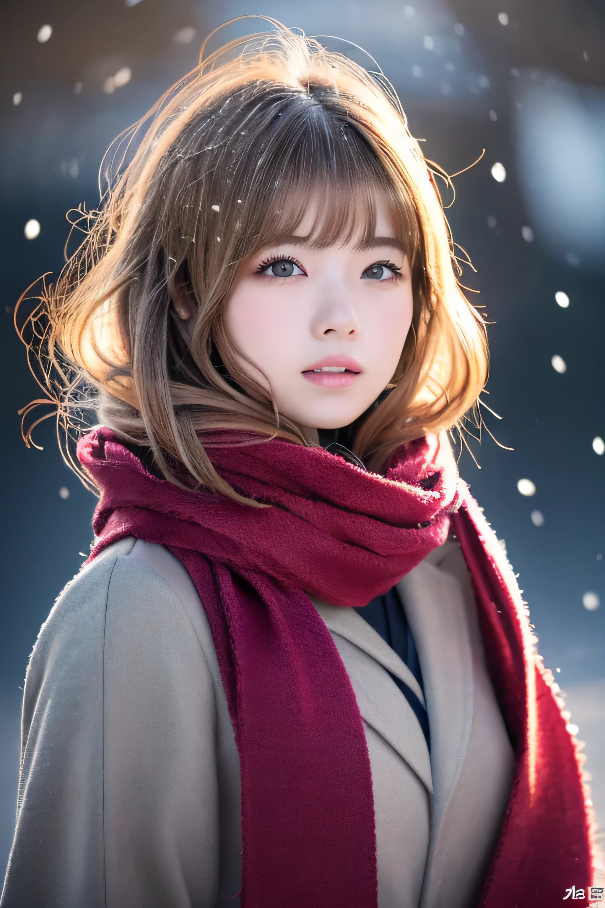 ((hair blowing in the wind、No makeup:1.2))、(realistic、Photoreal、super detailed、best detailed skins、highest quality、masterpiece、超A high resolution)、cute russian woman、、high school girl、young girl、1 girl、have bangs、ash blonde:1.7、double eyelid、drooling eyes、Japanese style face、purity、realistic skin type、thick muffler、Gray muffler、fluffy hair、((There's hair in the scarf:1.3))、red cheeks、The wind is blowing、It's snowing、night、illumination、lighting from behind、hair blowing in the wind