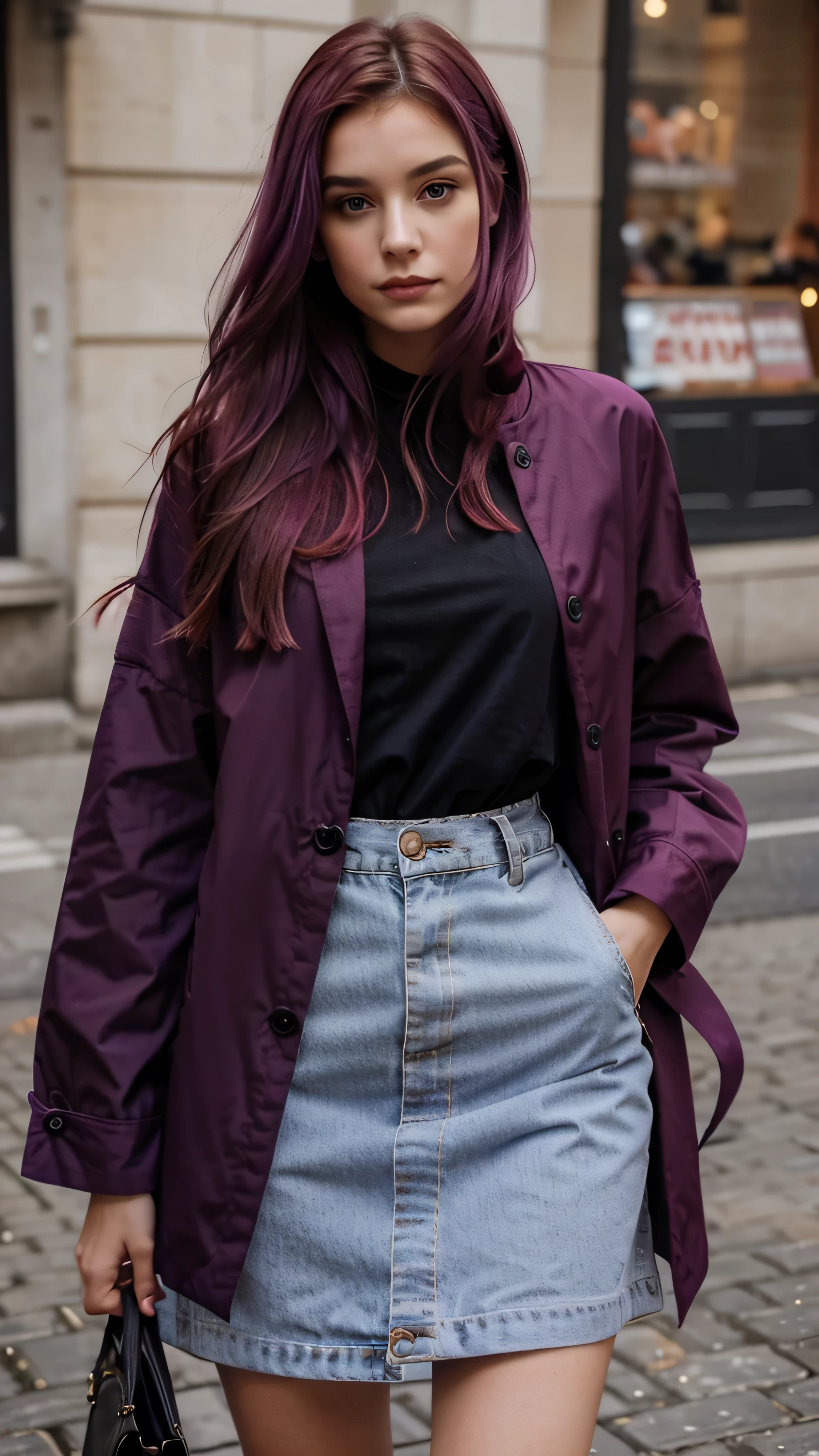 jeune fille de 20 ans au cheveux tres long violet avec une veste ROUGE, habiller en ROUGE, vetue de ROUGE, OUTFIT RED, une tenue rouge