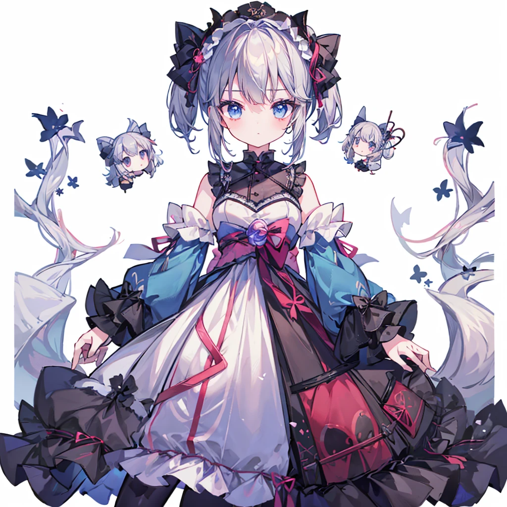 vtuber-fullbody、Star Fairy、((masterpiece))、((highest quality))、((Super fine))、pretty girl、gray hair、beautiful blue eyes、Kimono Goth 、ribbon、Angel&#39;s wing、🤍、((simple white background))、☆、