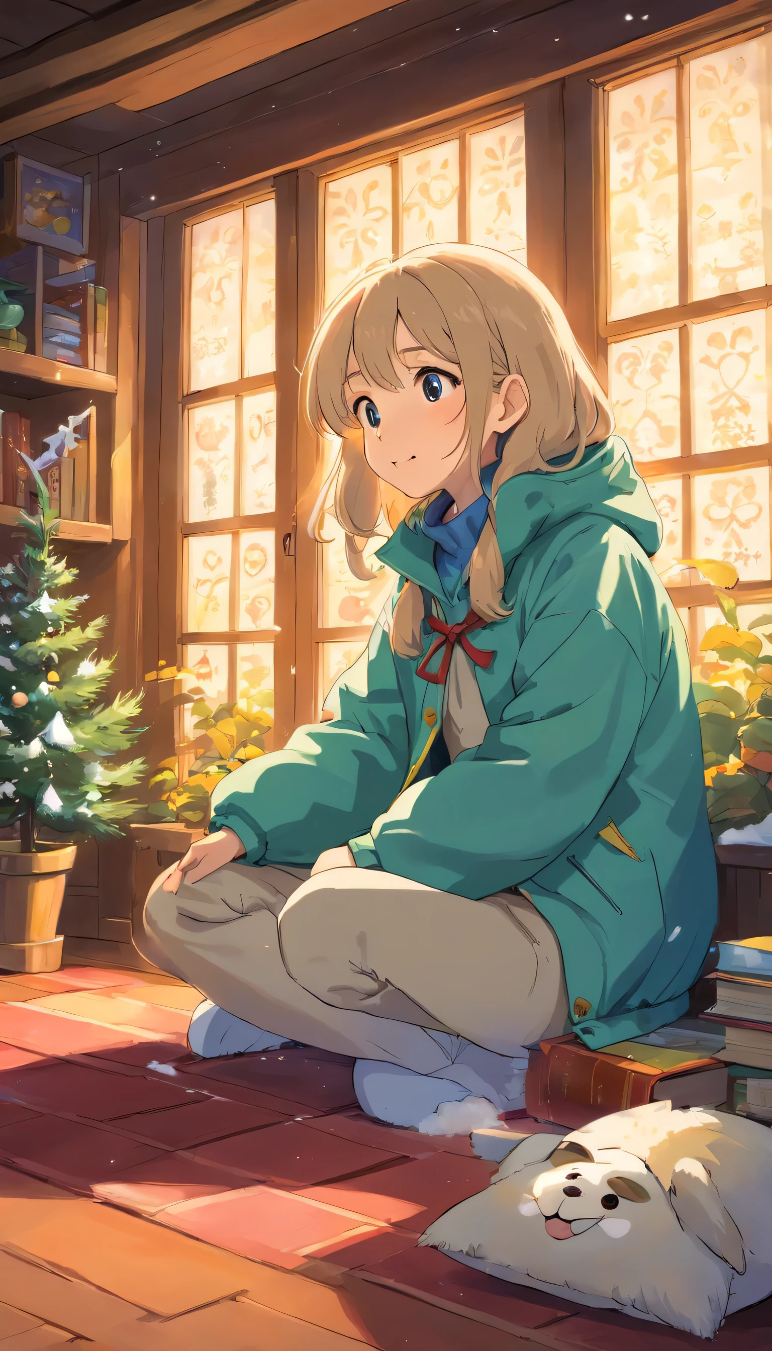 cure,Reject EMO,Very happy,Very happy,Face life with a smile,Sunlight,long hair,down jacket,Cloud commissary,Cloud pillows,It's snowing outside the window,Large floor-to-ceiling windows,snowflake,read a book