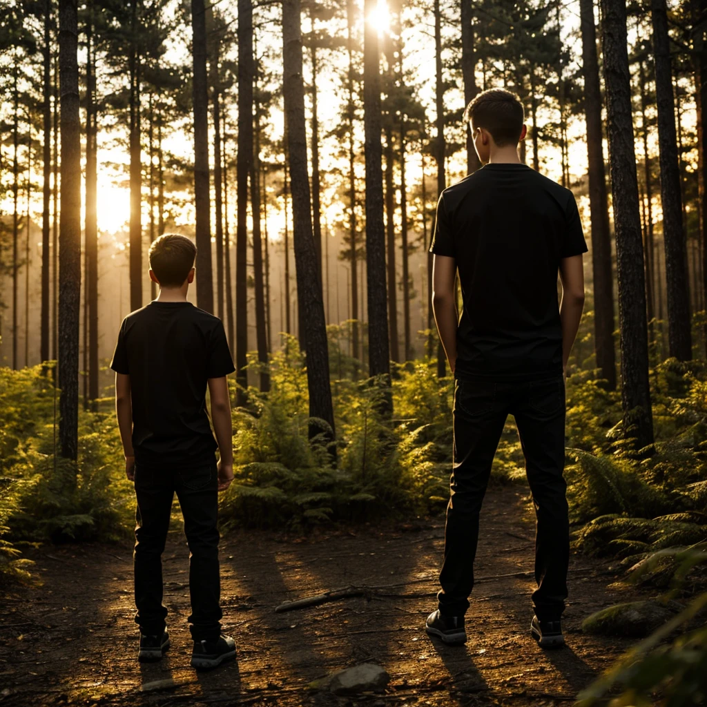 boy , back pose , black shirt, forest, brightsunset.