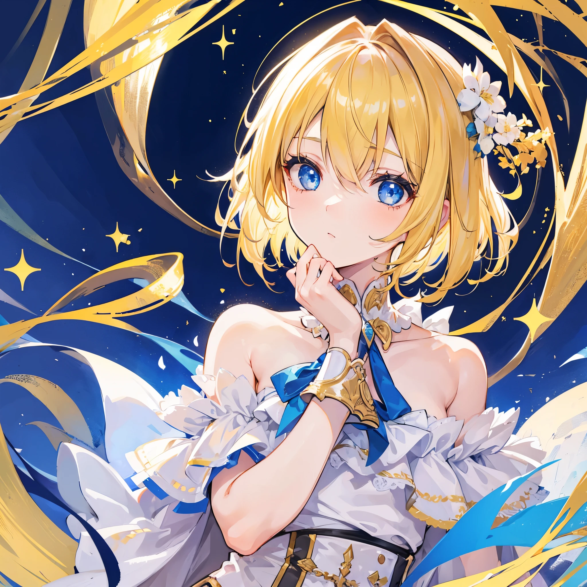 ((a girl)), gold hair, blue eyes, ((portrait)), ((short hair)), ((Off the shoulders)), idol costume
